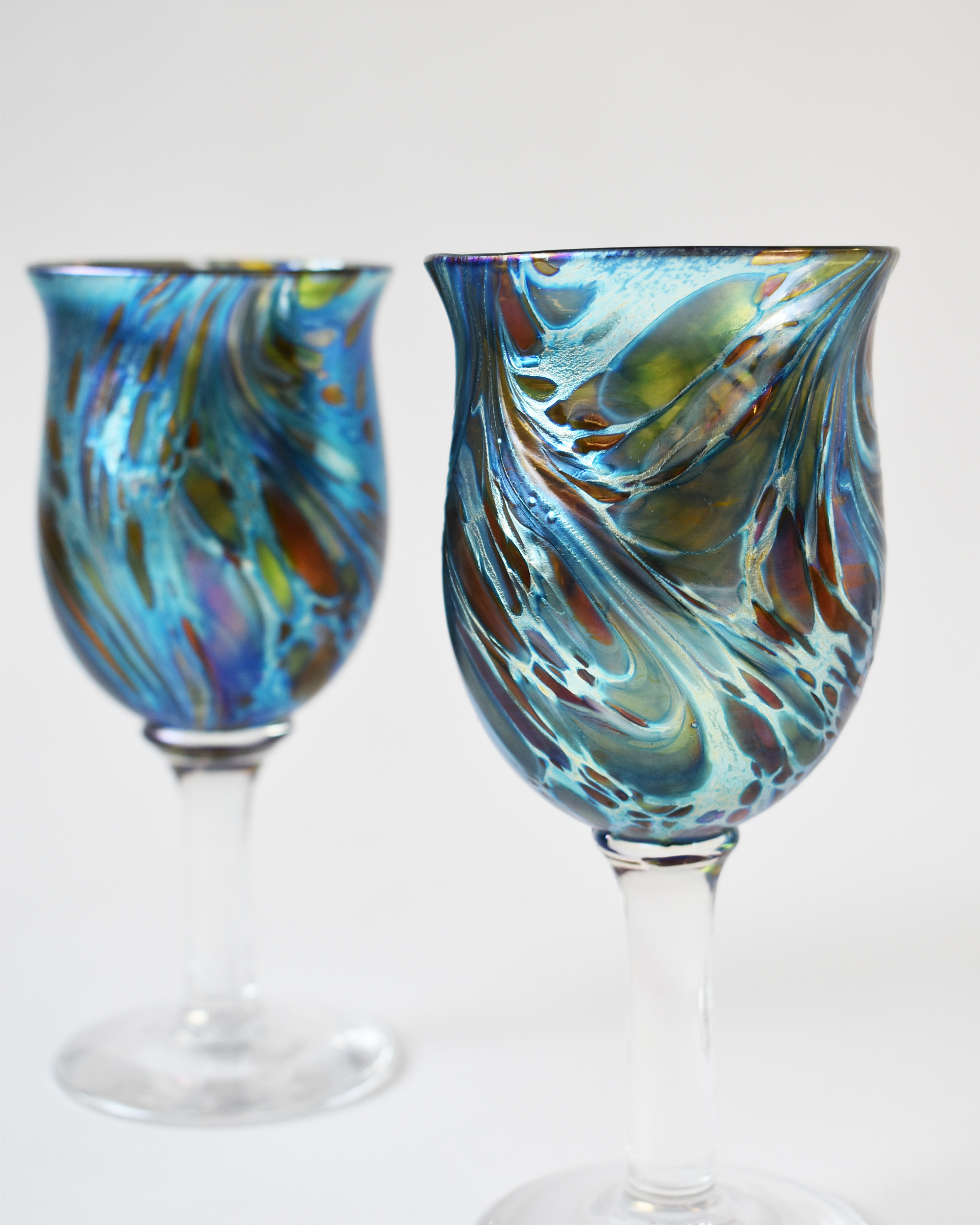 Blue Iridescent Swirl Blown Glass Wine Goblet