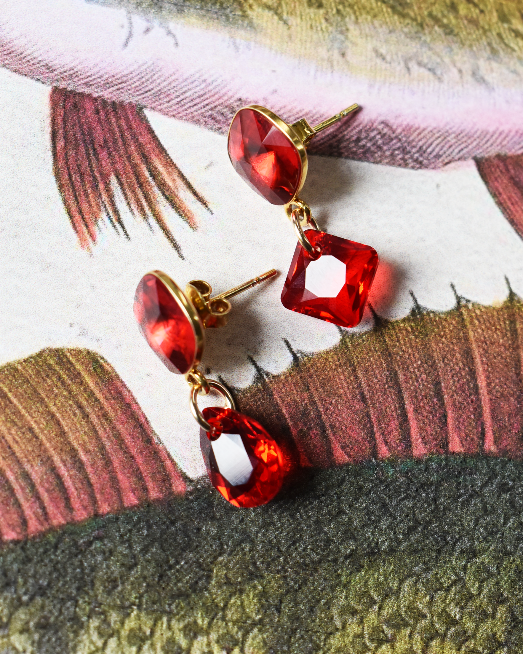 Red Crystal Mismatched Drop Earrings