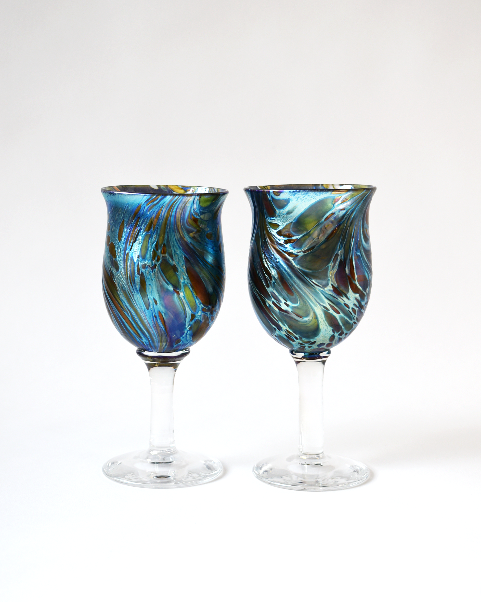 Blue Iridescent Swirl Blown Glass Wine Goblet