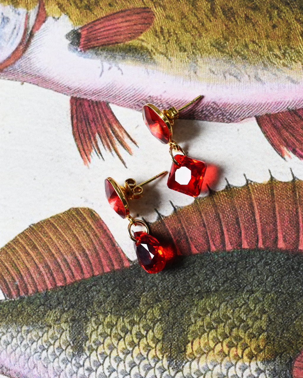 Red Crystal Mismatched Drop Earrings