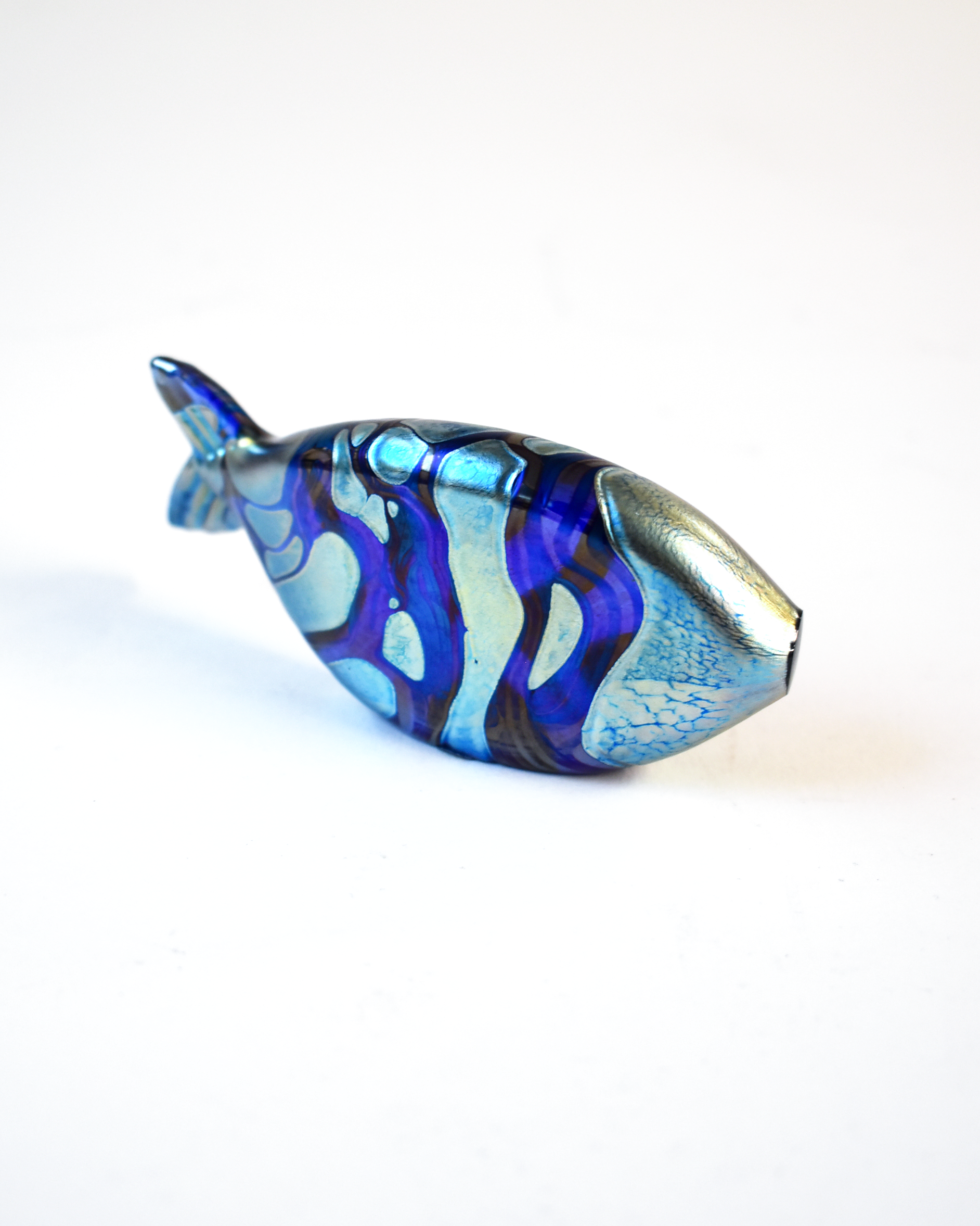 Blue Iridescent Striped Blown Glass Fish (S)