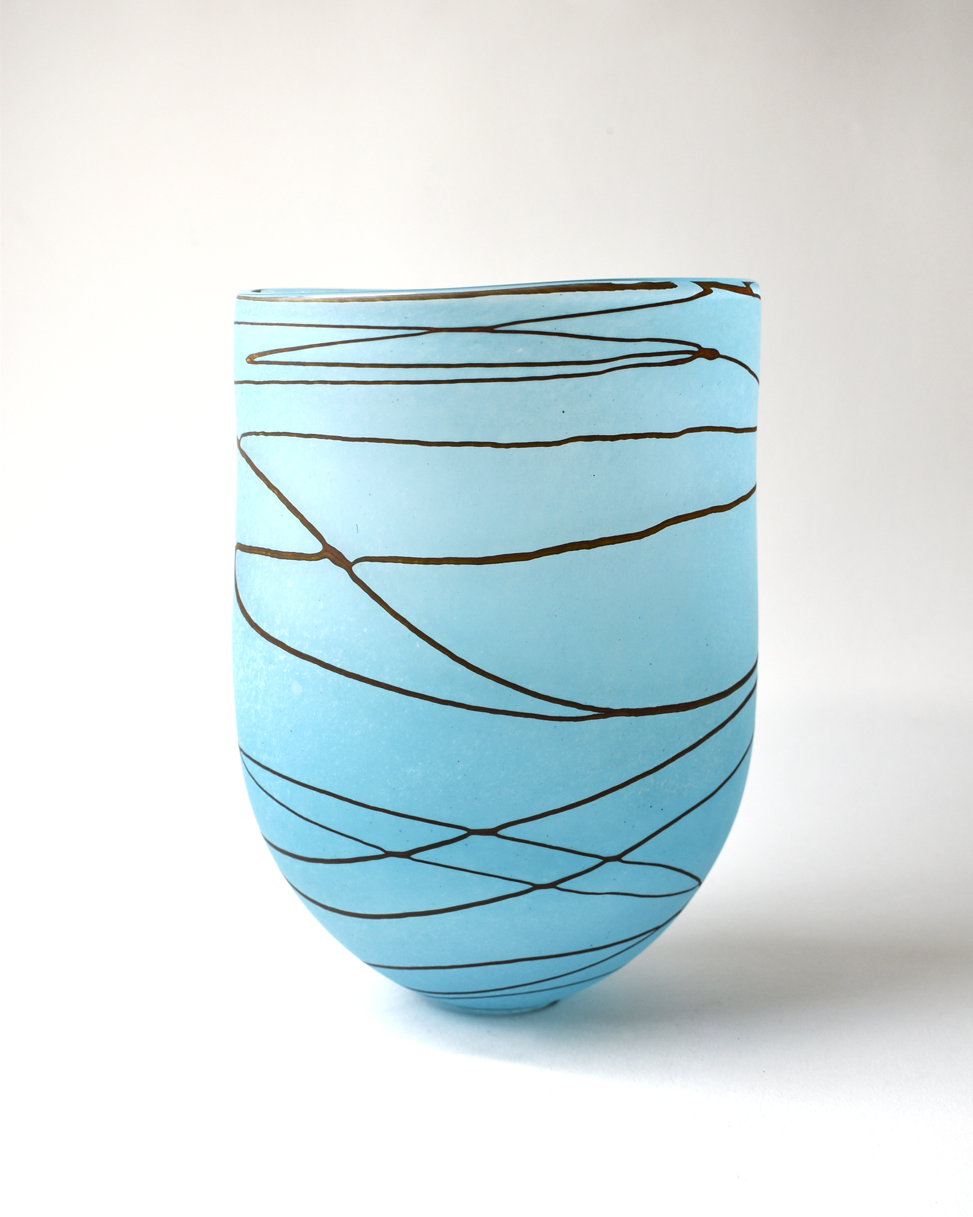 Elegant Blue & Umber Stripe Handblown Glass Open Vase