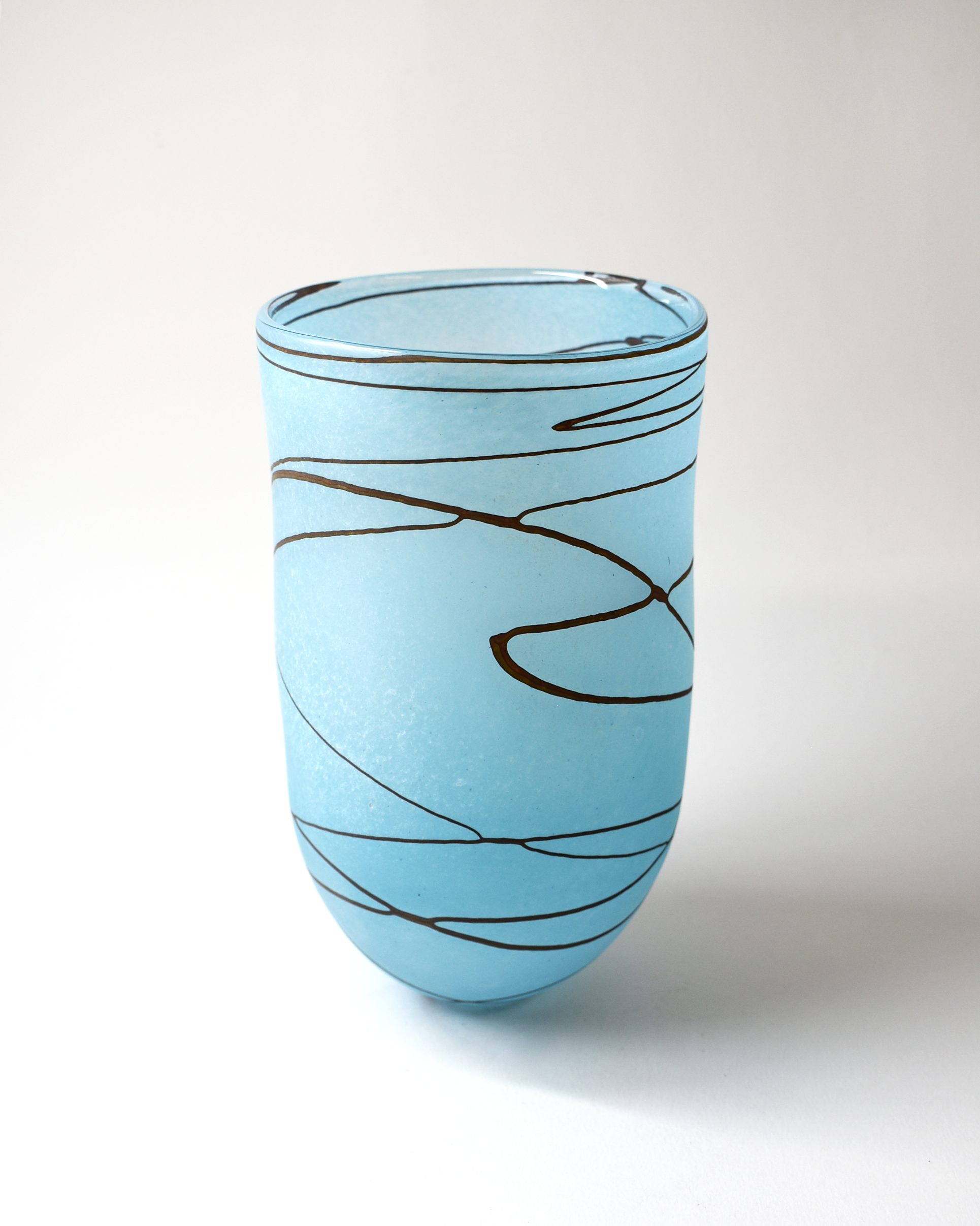 Elegant Blue & Umber Stripe Handblown Glass Open Vase