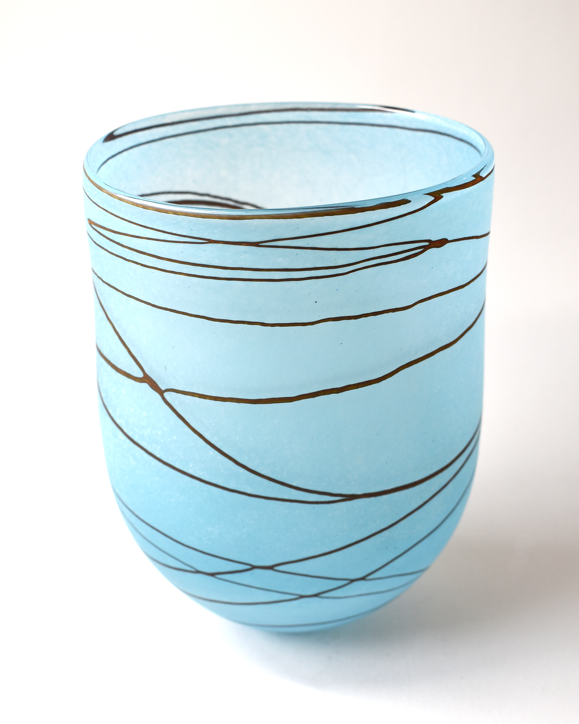 Elegant Blue & Umber Stripe Handblown Glass Open Vase