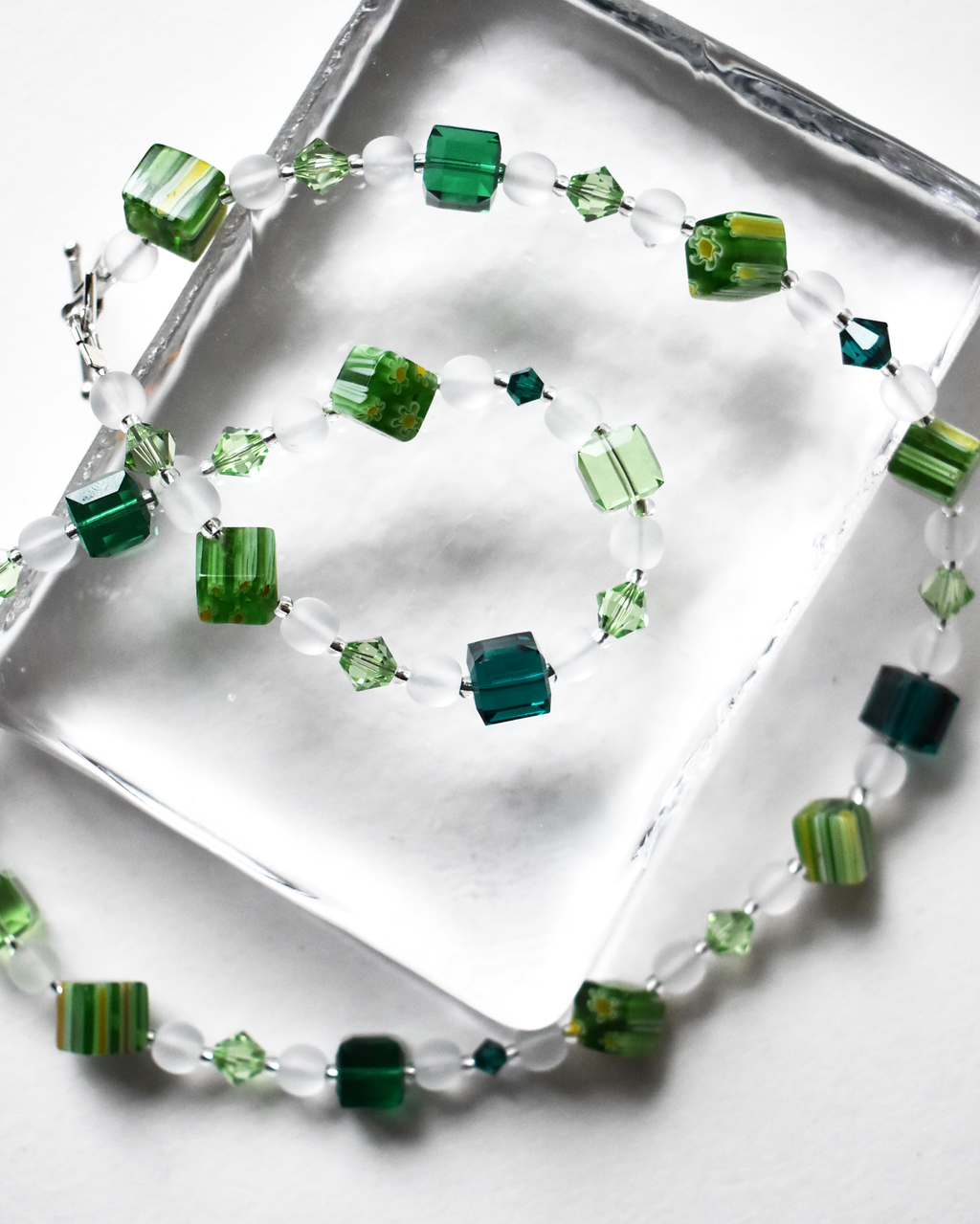 Green Crystal Millefiori Beaded Necklace