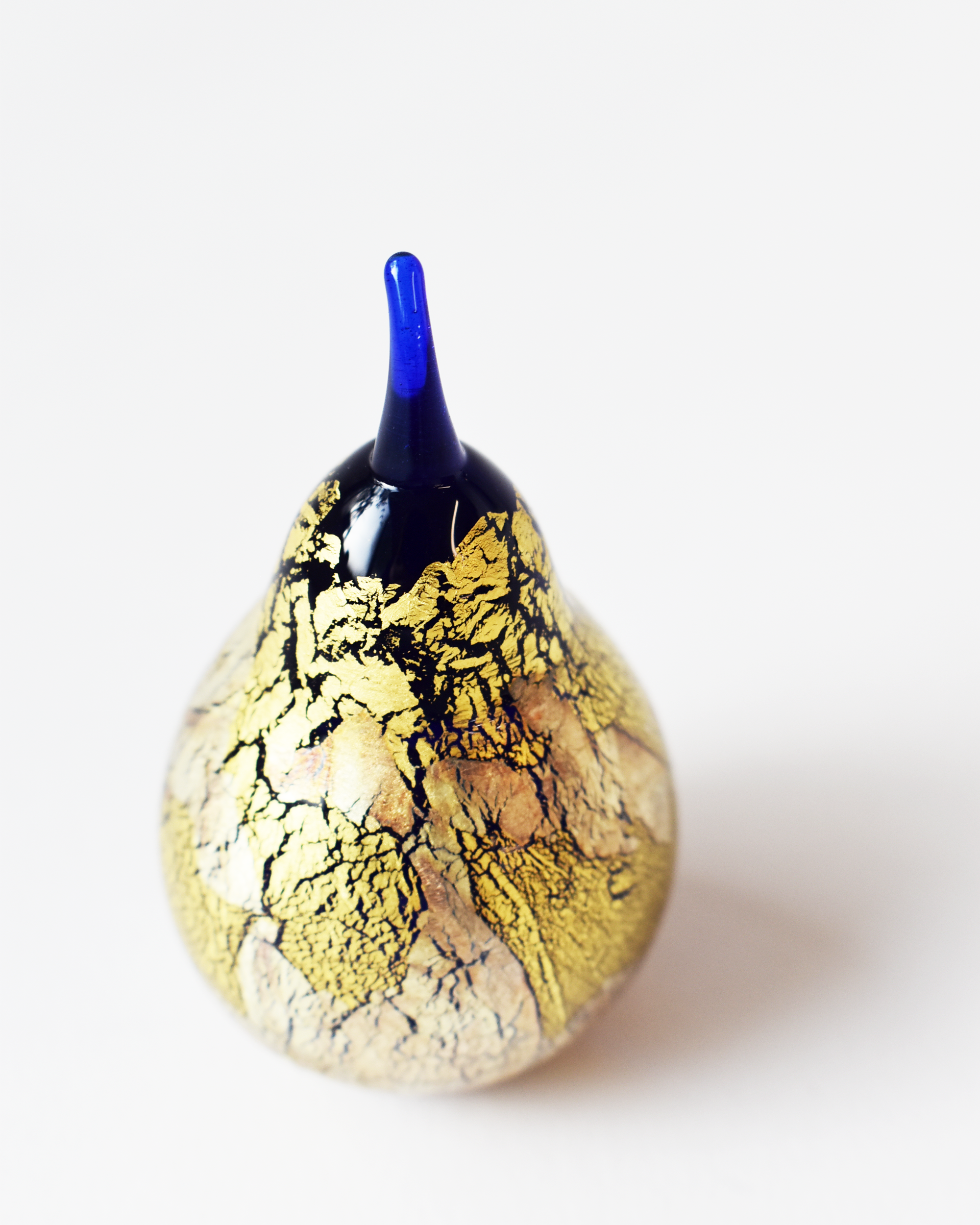 Gold & Silver Leaf Blue Blown Glass Pear (S)