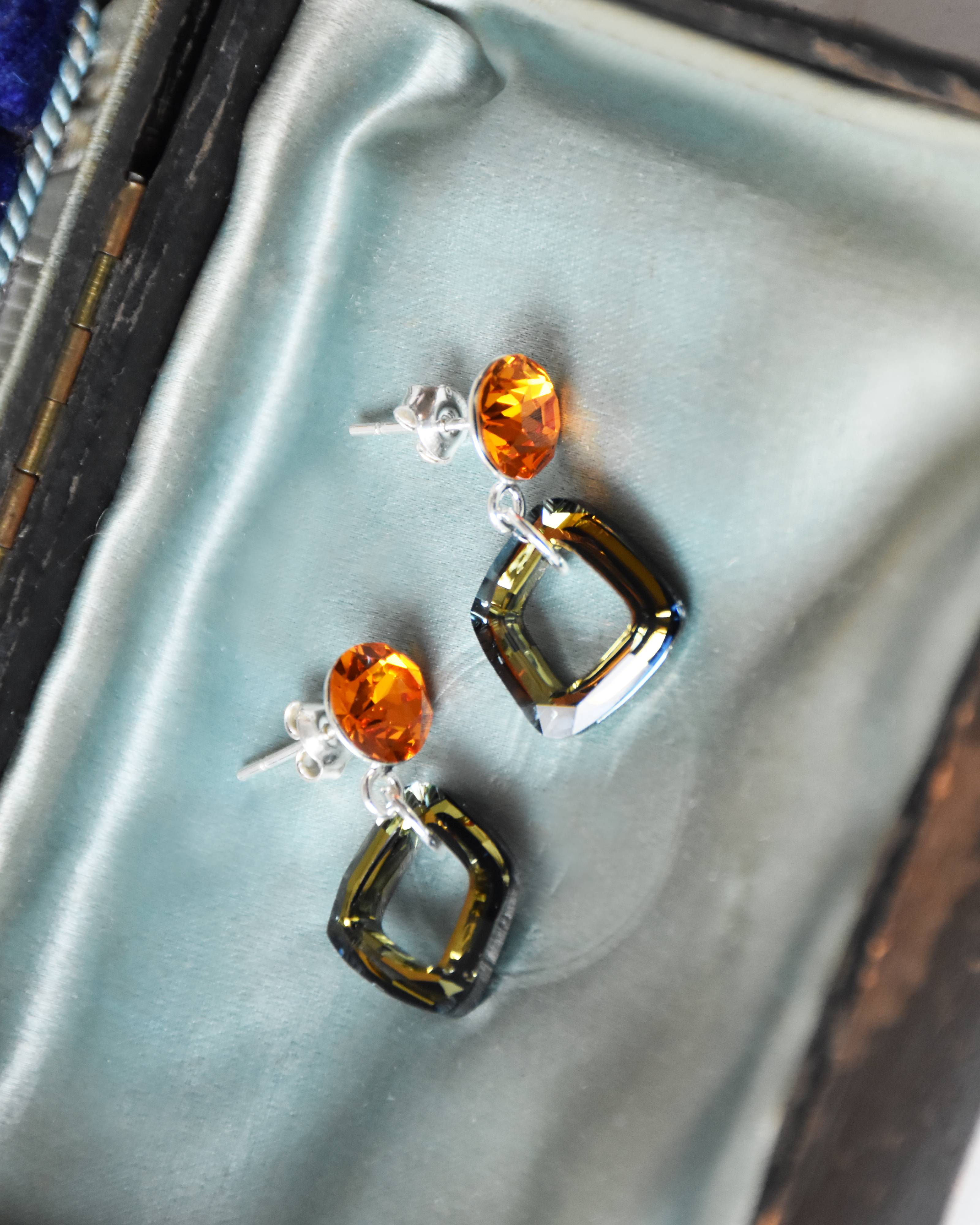 Orange Crystal Cosmic Square Drop Earrings