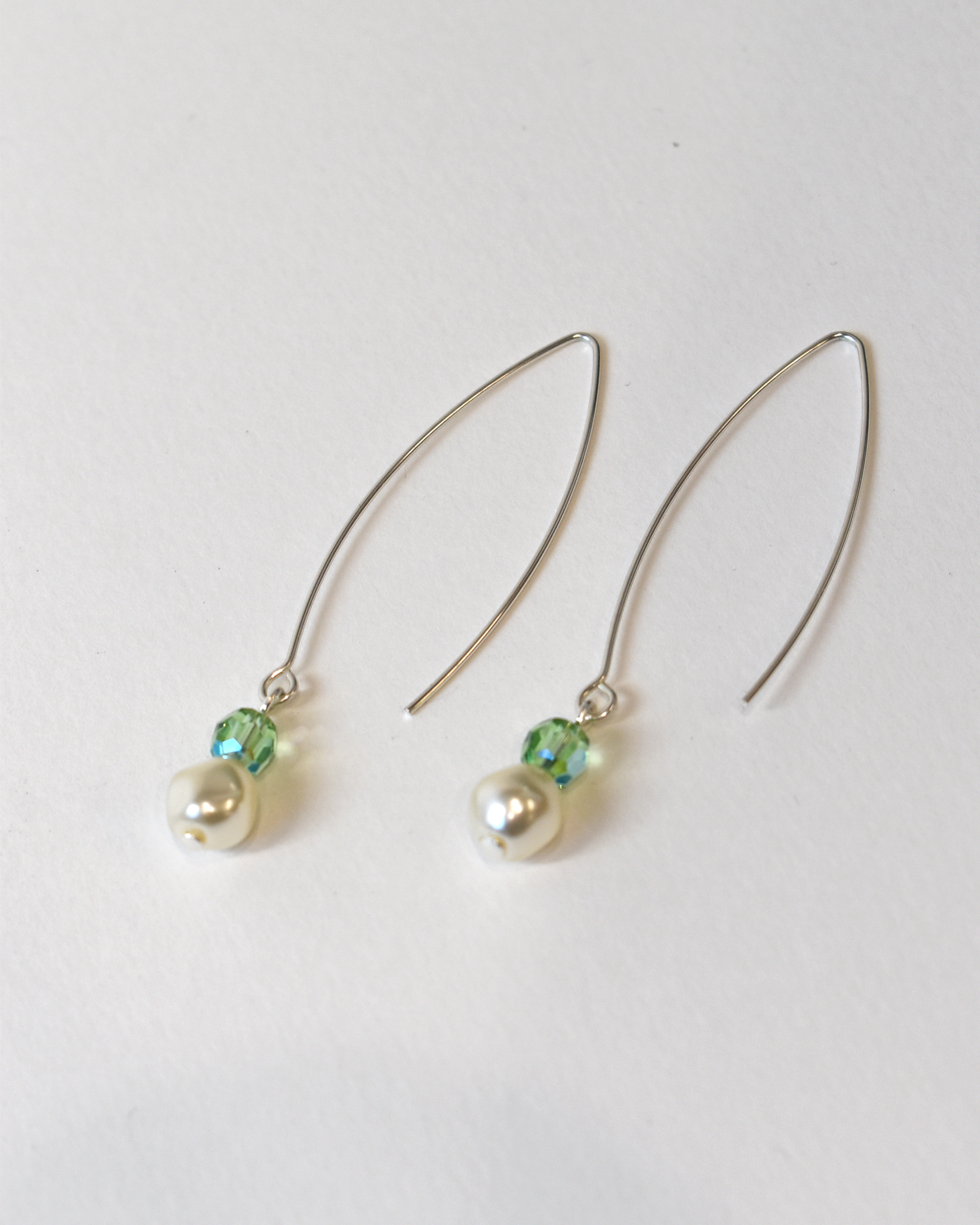 Pearl & Peridot Green Crystal Silver Arc Earrings