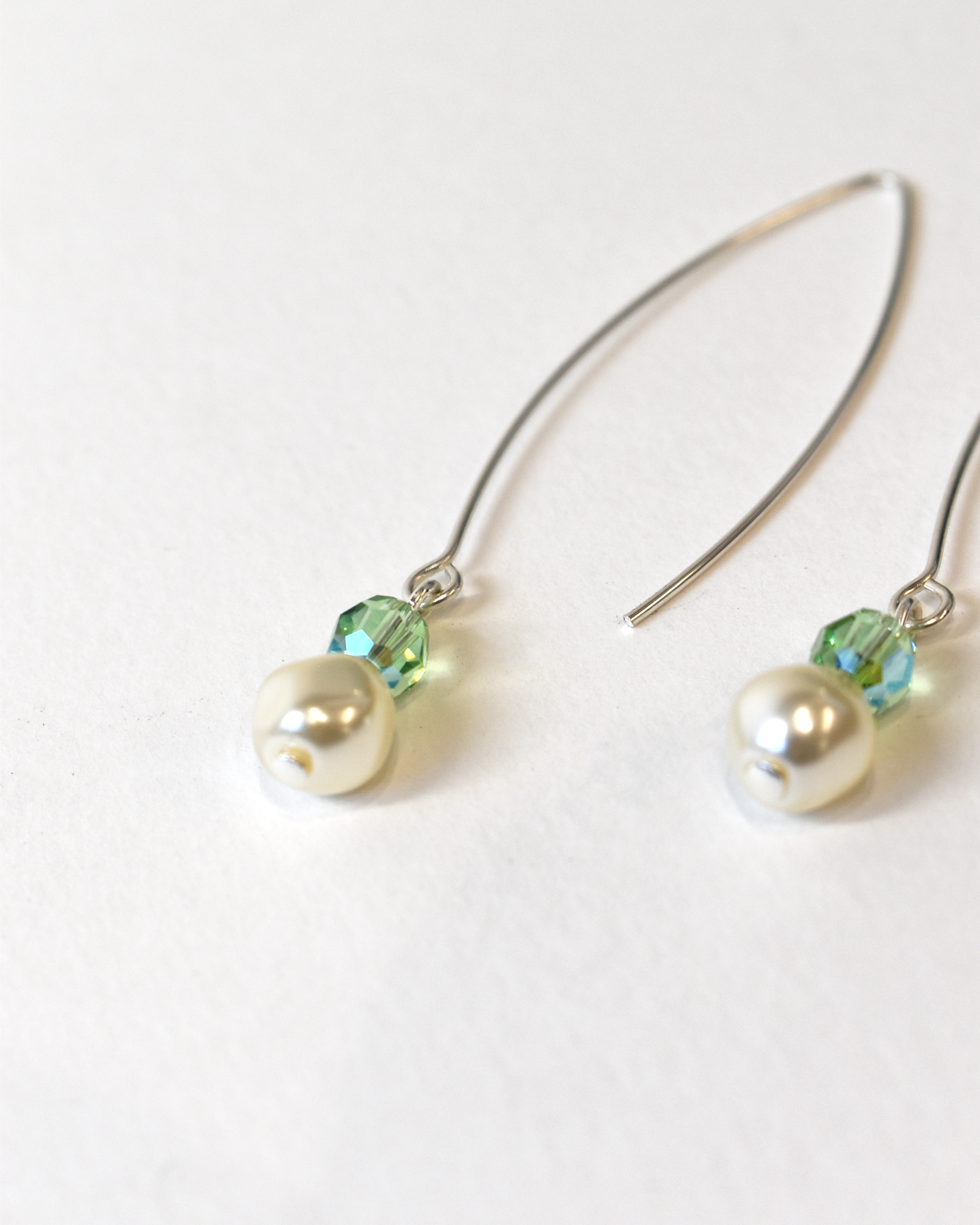 Pearl & Peridot Green Crystal Silver Arc Earrings