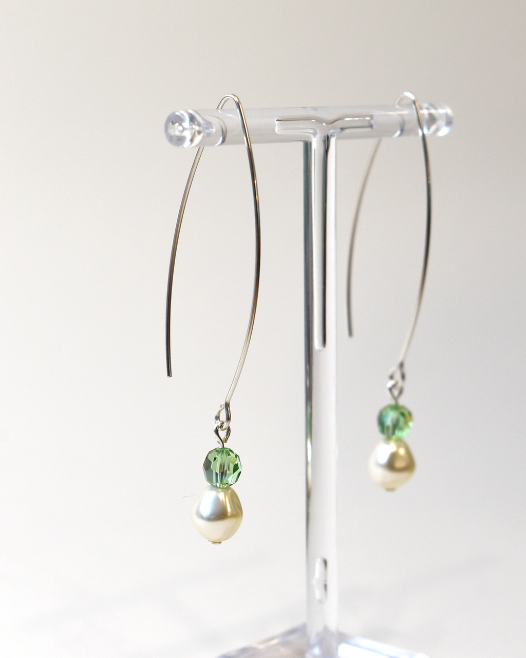 Pearl & Peridot Green Crystal Silver Arc Earrings