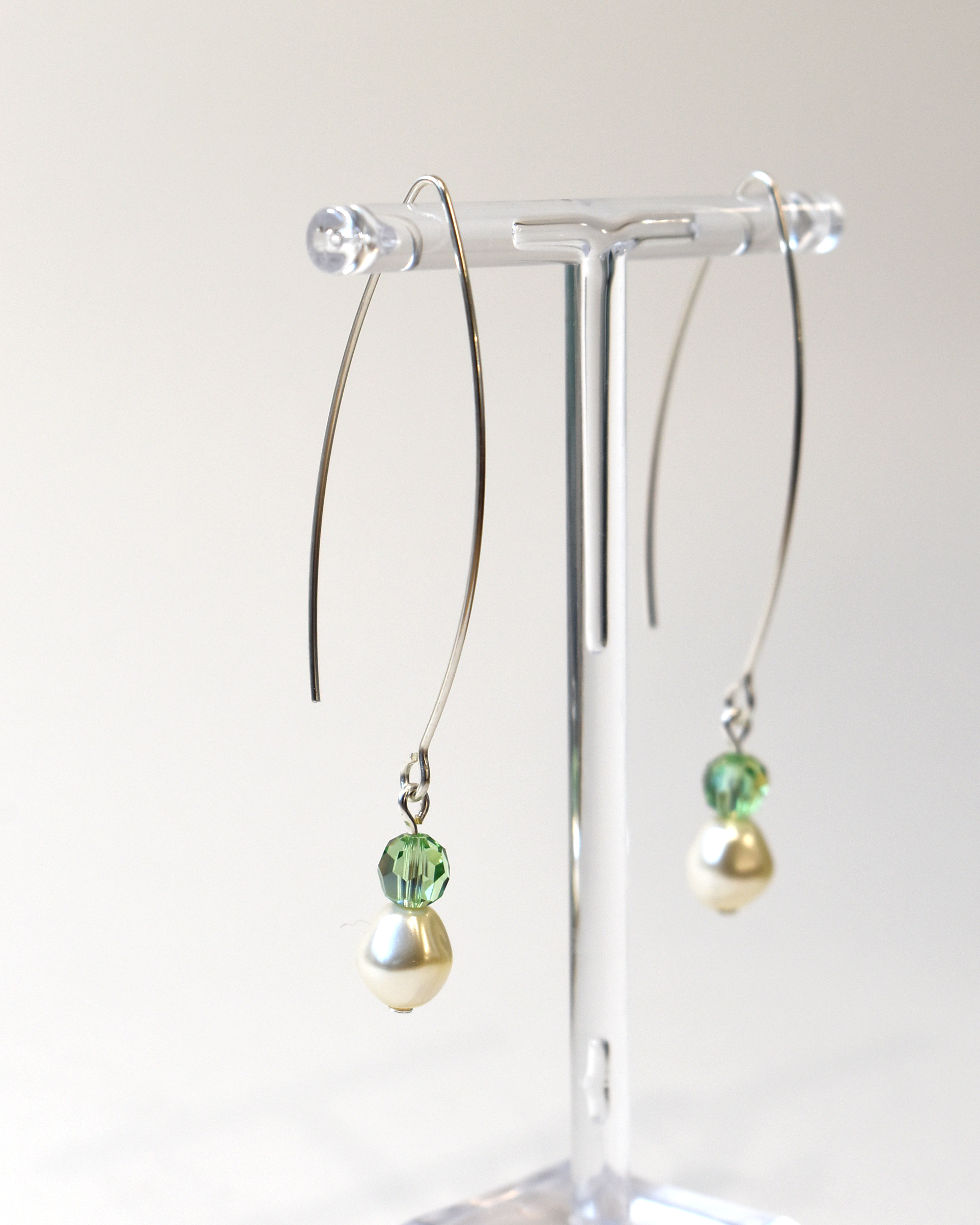 Pearl & Peridot Green Crystal Silver Arc Earrings