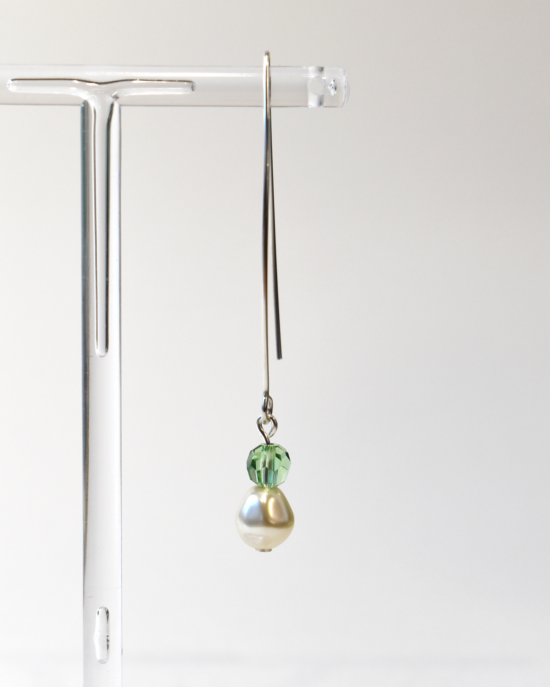 Pearl & Peridot Green Crystal Silver Arc Earrings
