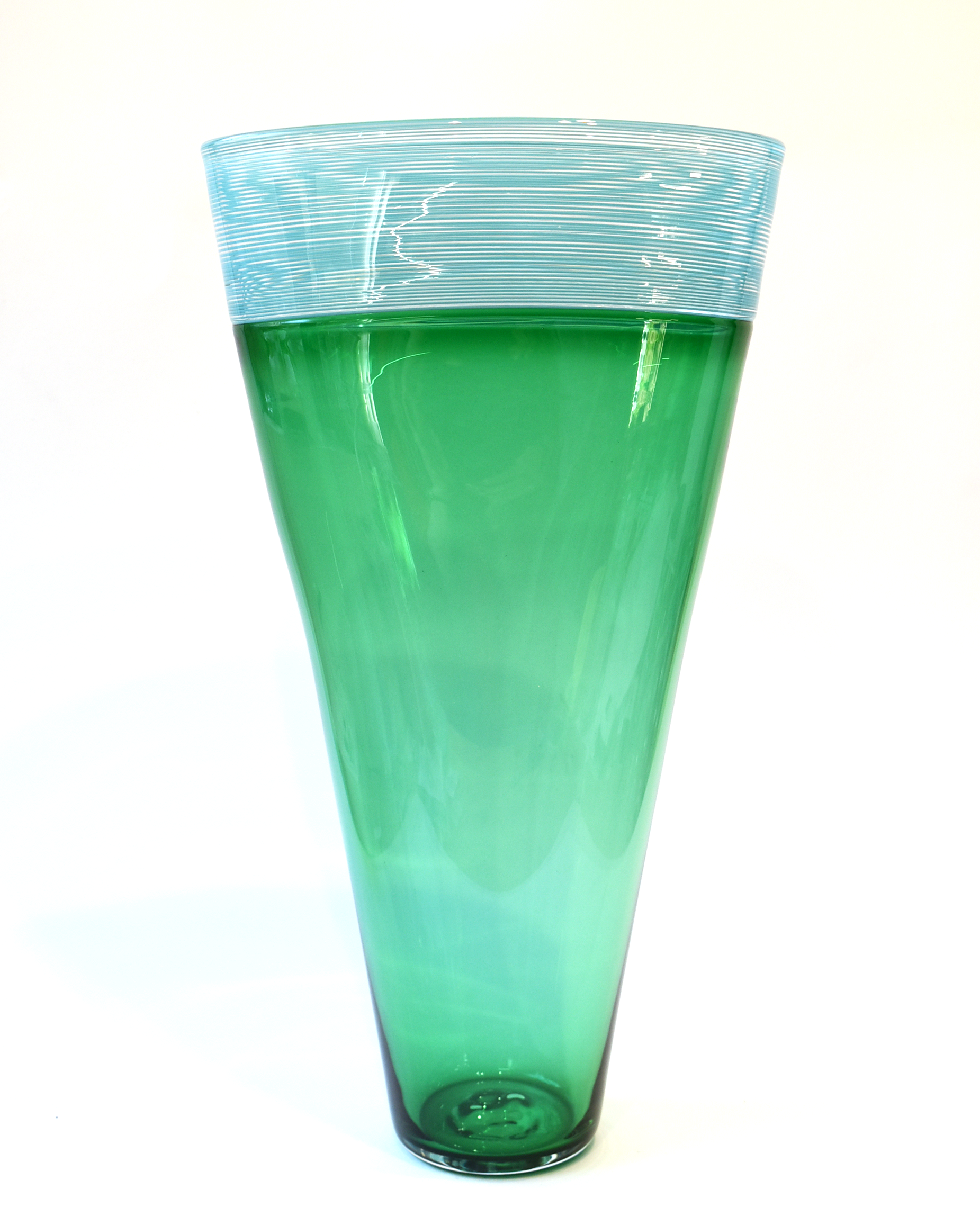 Striking Green & Blue Handblown Glass Threaded Vase