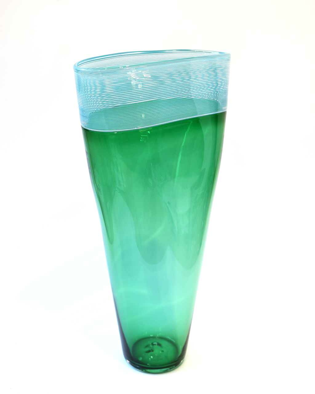 Striking Green & Blue Handblown Glass Threaded Vase