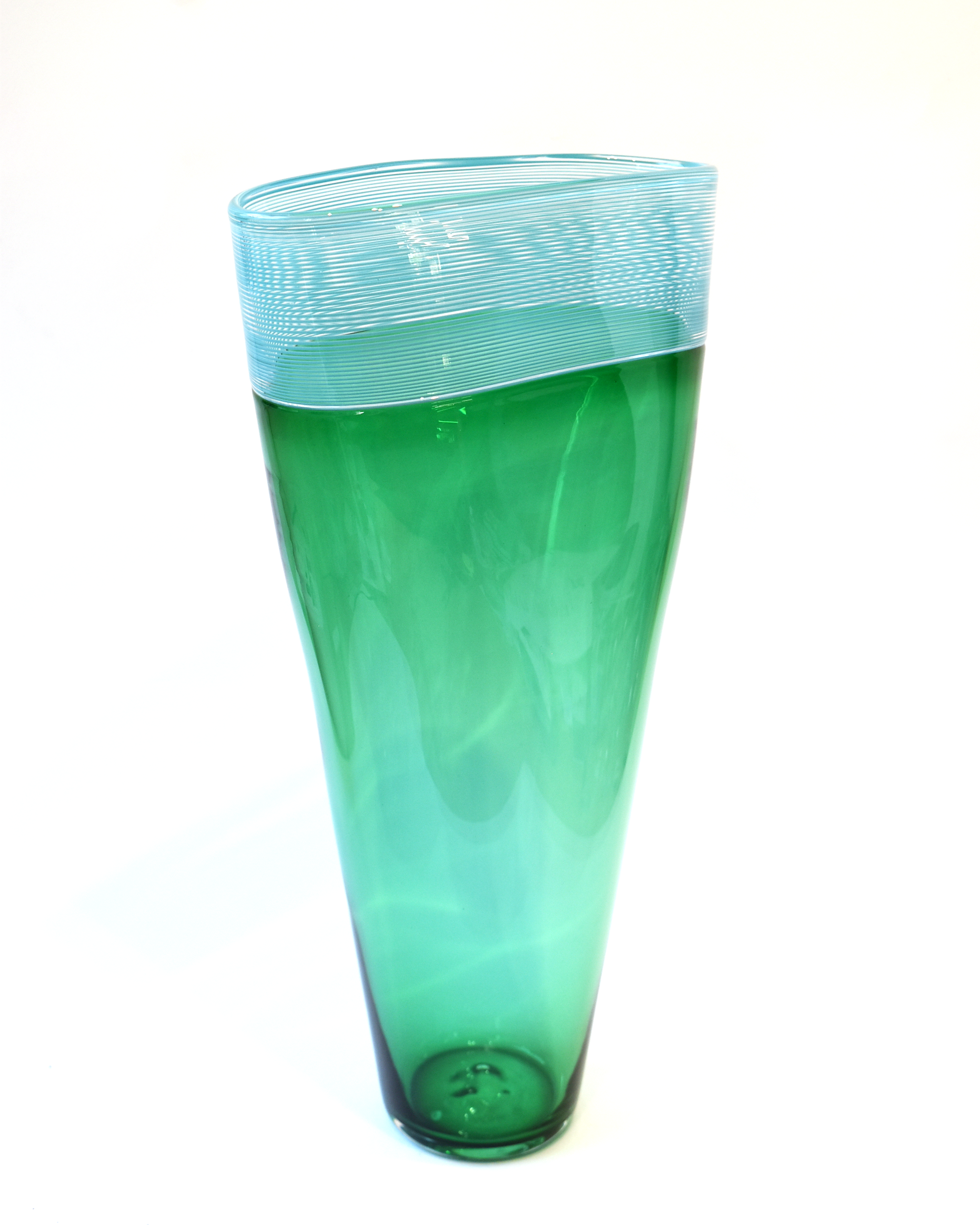 Striking Green & Blue Handblown Glass Threaded Vase