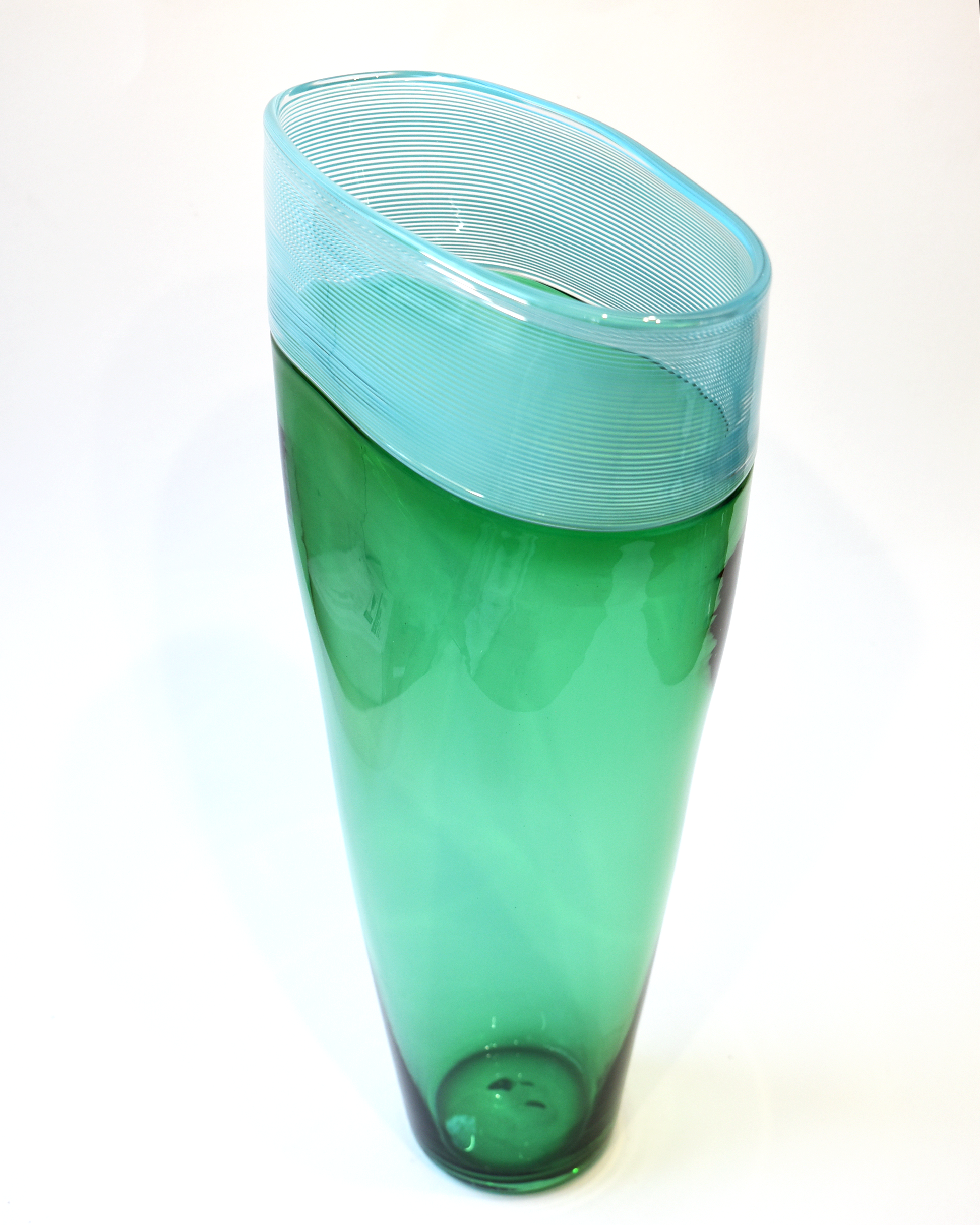 Striking Green & Blue Handblown Glass Threaded Vase