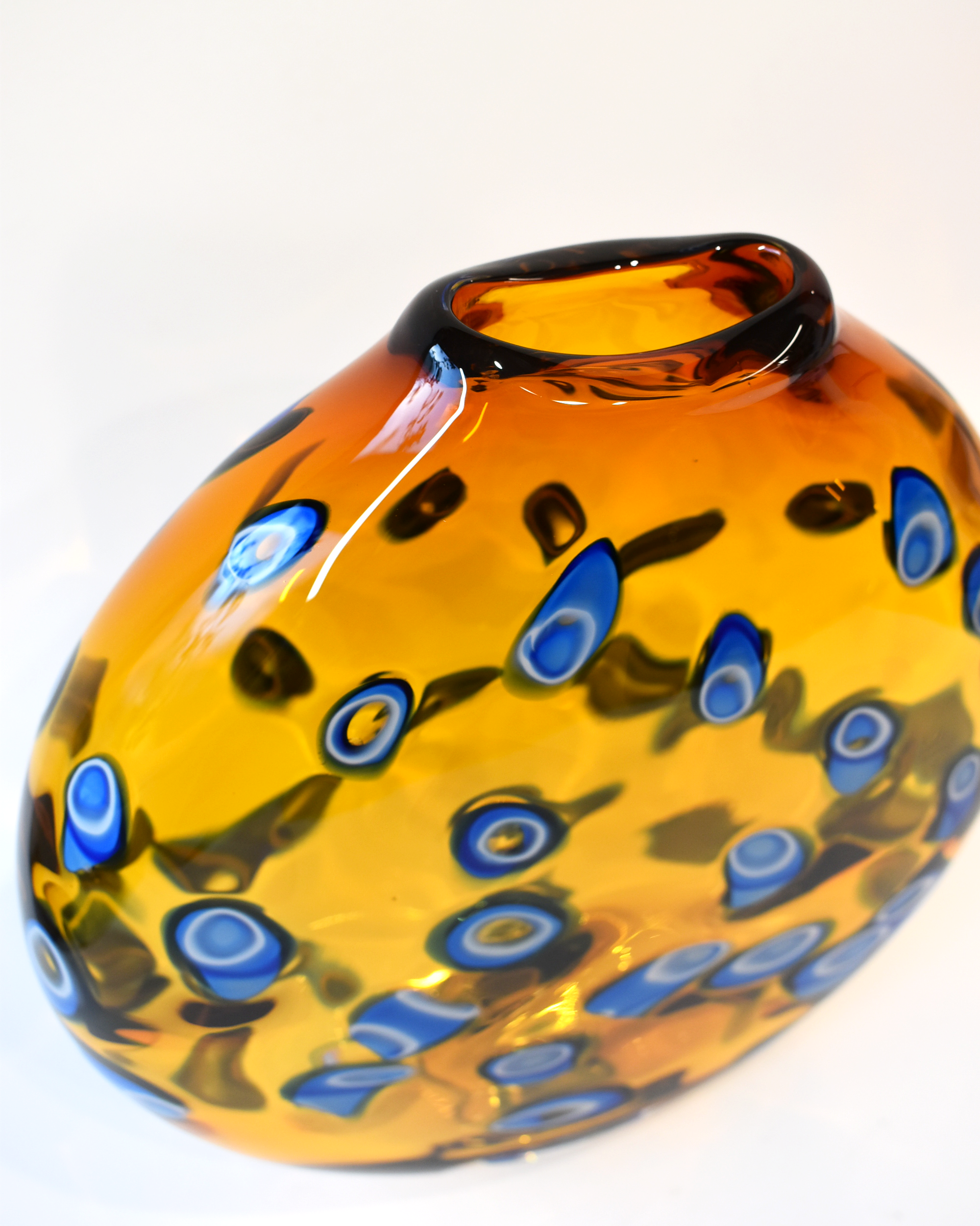 Handblown Glass Contemporary Amber with Blue Hula Vase