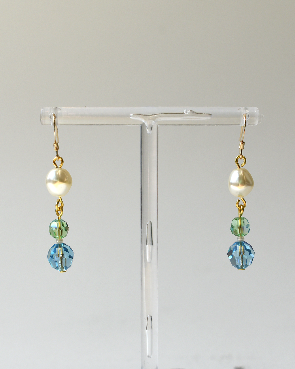 Pale Green & Blue Crystal Pearl Drop Hook Earrings