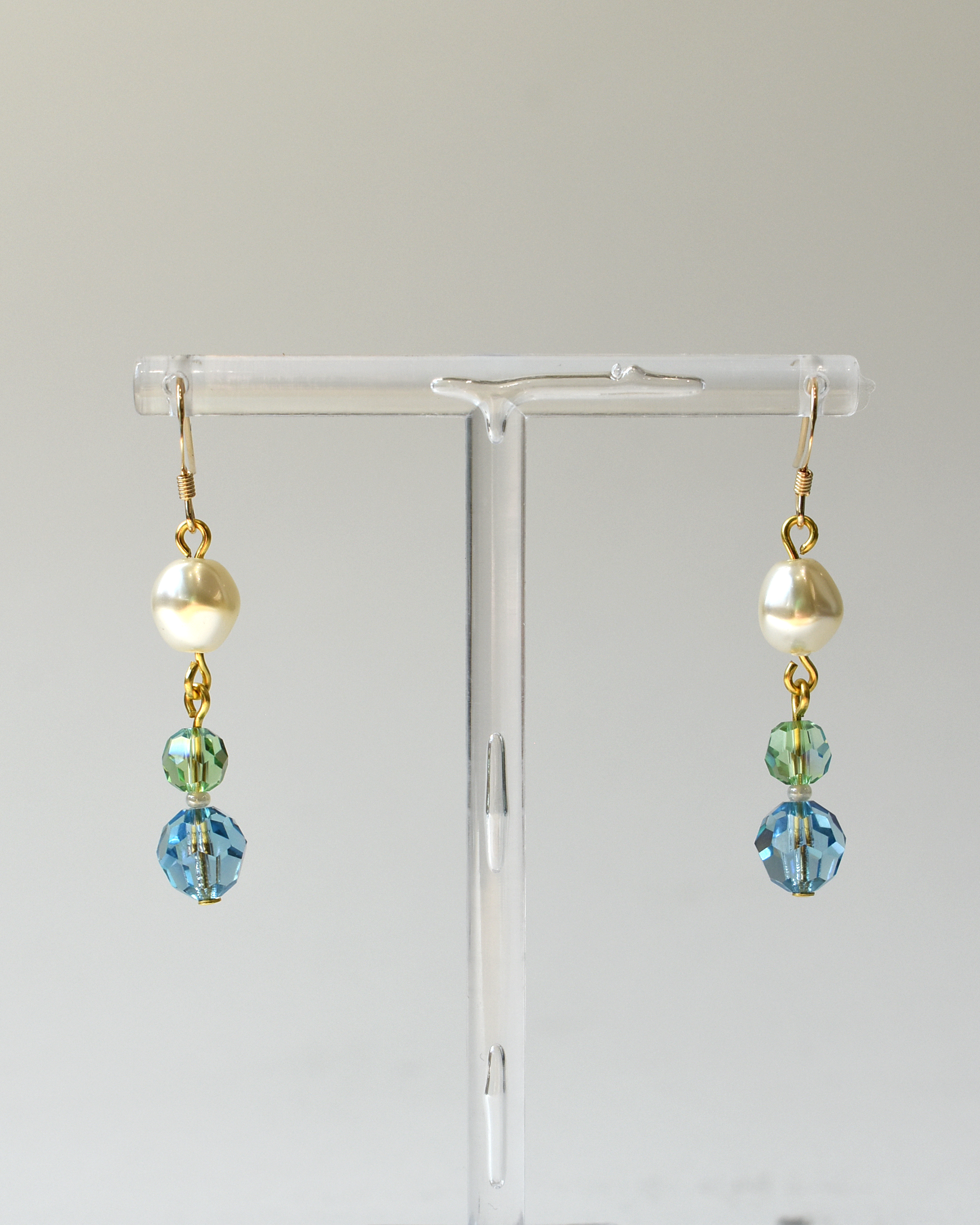 Pale Green & Blue Crystal Pearl Drop Hook Earrings