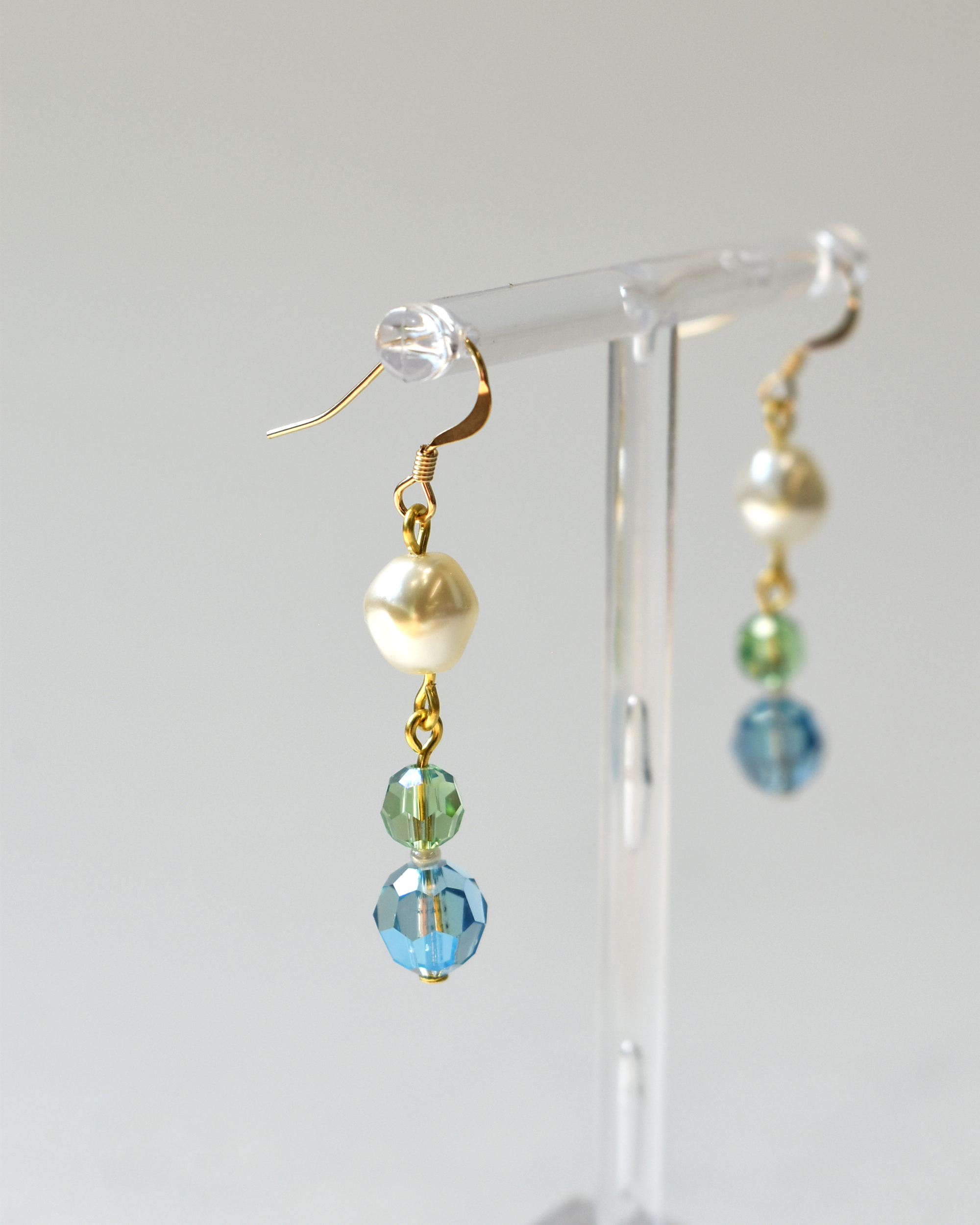 Pale Green & Blue Crystal Pearl Drop Hook Earrings