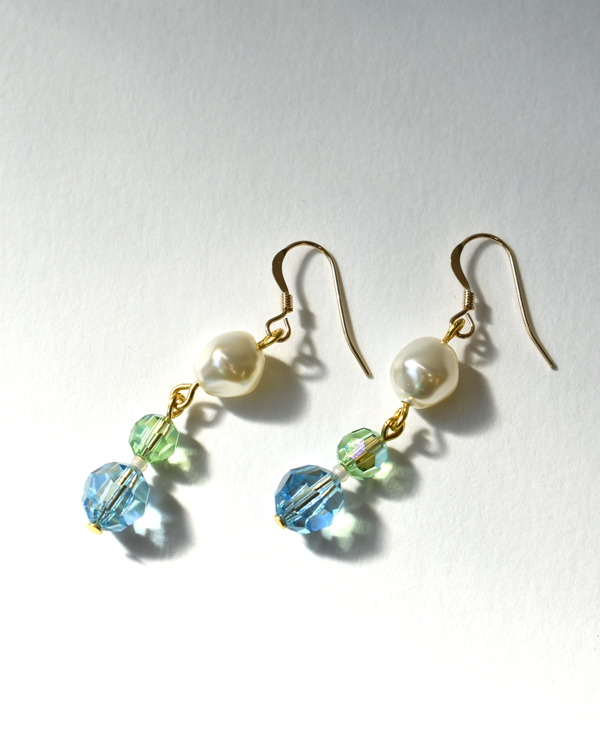 Pale Green & Blue Crystal Pearl Drop Hook Earrings