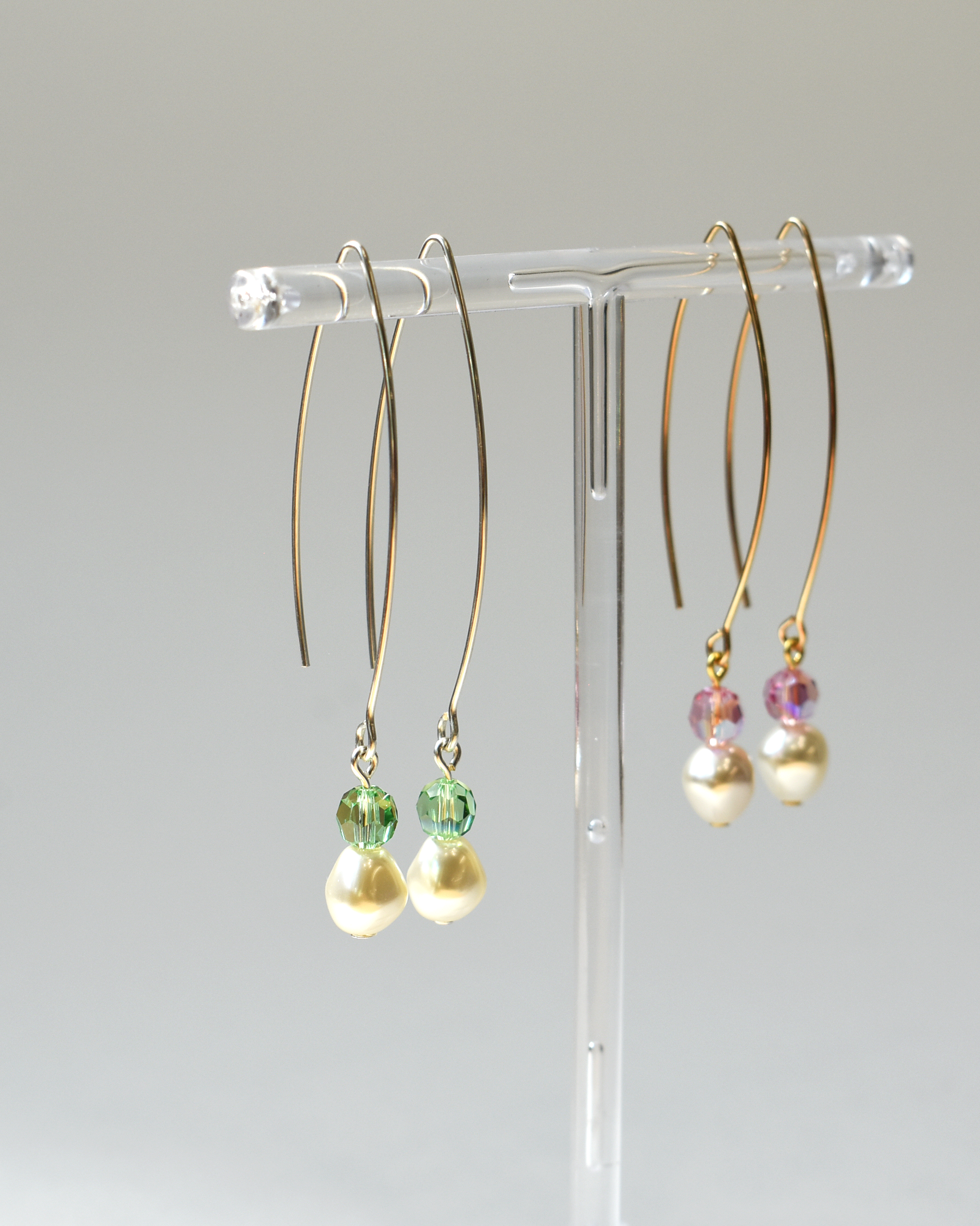 Pearl & Pink Shimmer Crystal Gold Arc Earrings
