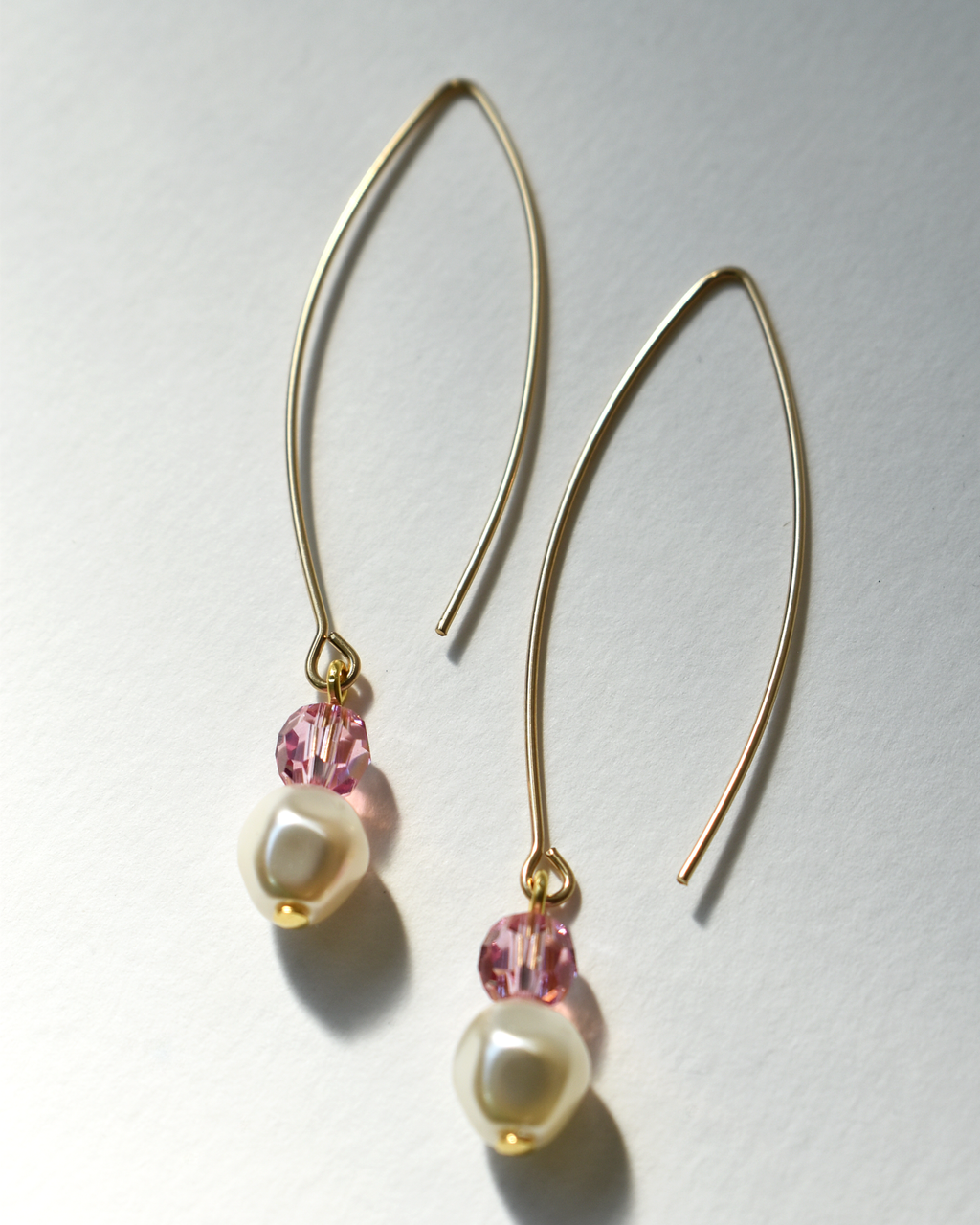 Pearl & Pink Shimmer Crystal Gold Arc Earrings