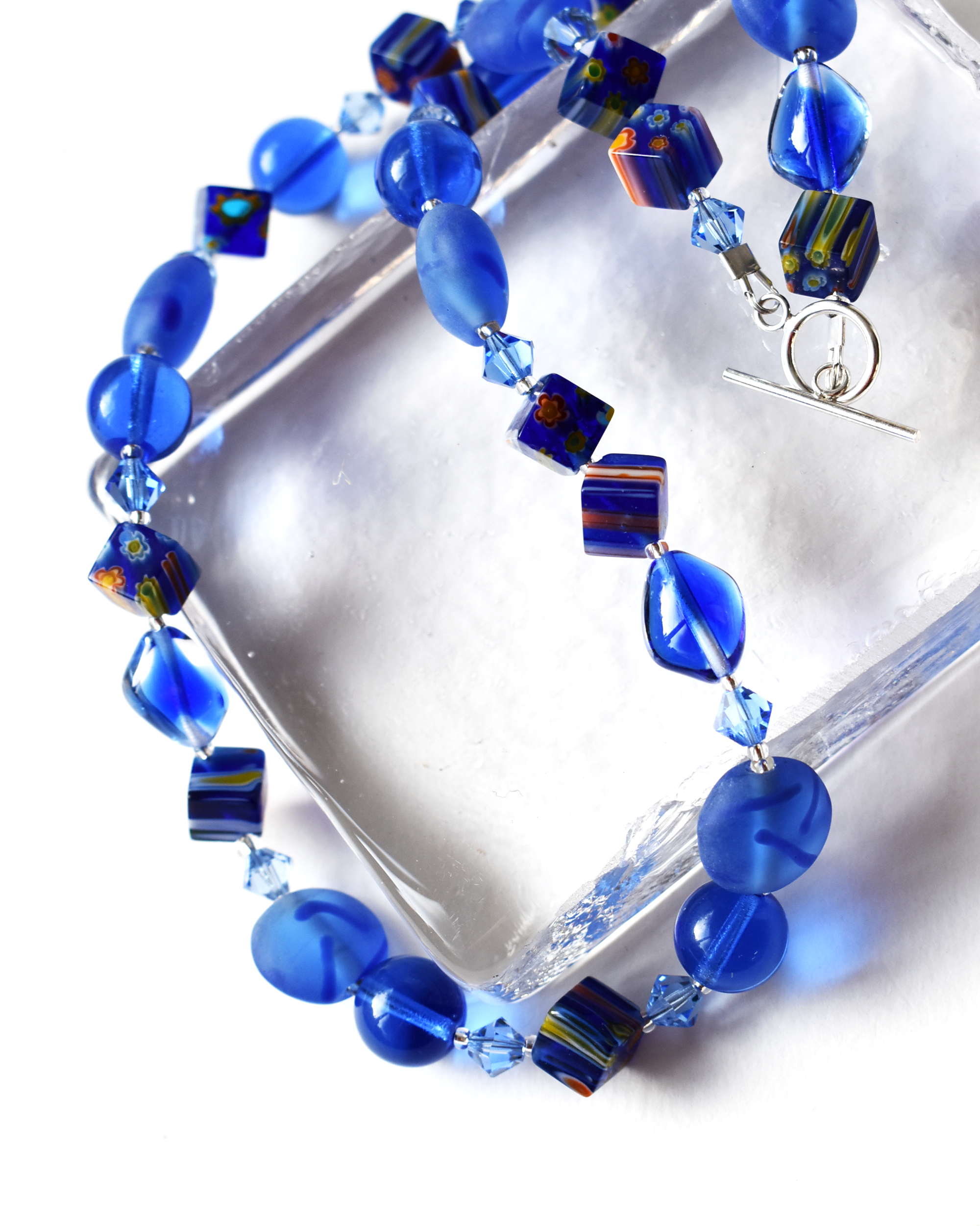 'Bold Blues' Mosaic Millefiori Beaded Necklace