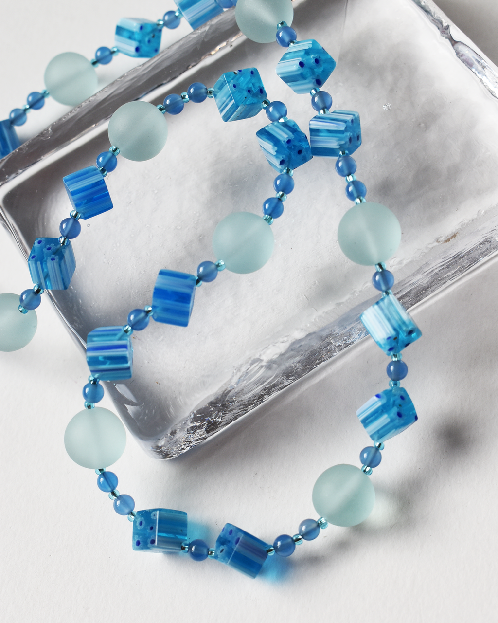 Frosted Aqua & Millefiori Glass Beaded Necklace