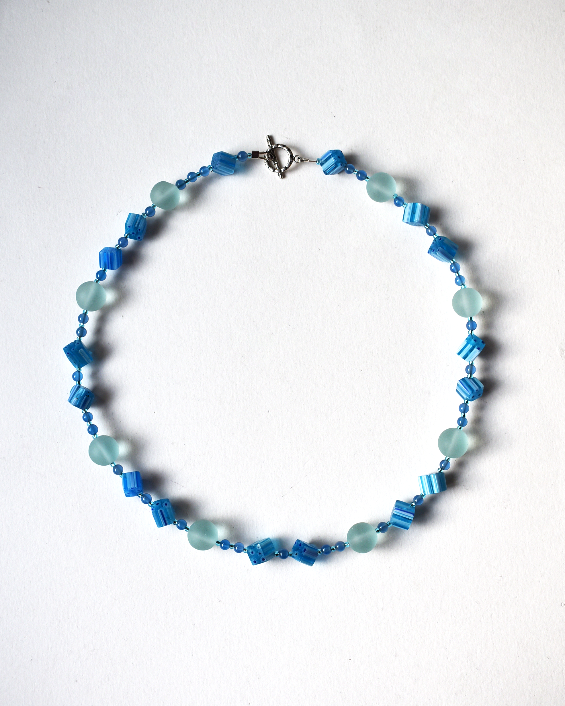 Frosted Aqua & Millefiori Glass Beaded Necklace