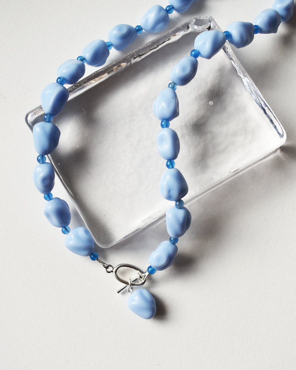 Pale Blue Beaded Pendant Toggle Necklace