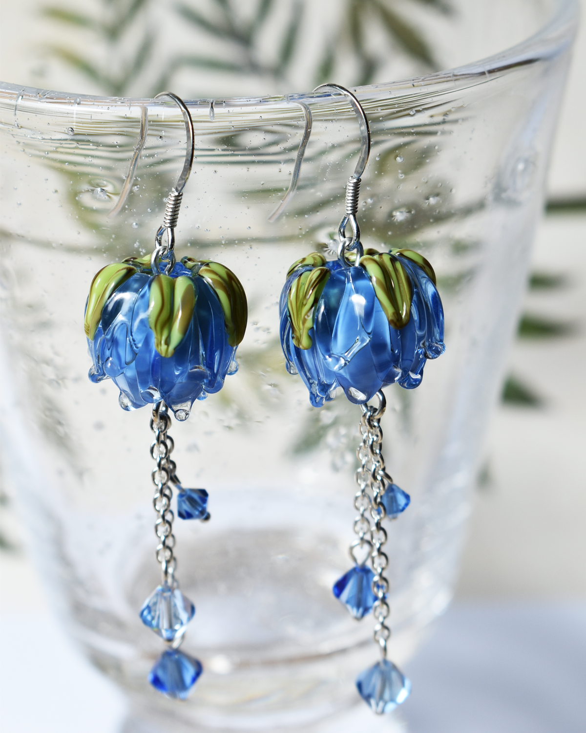 'Cornflower Blues' Flower Bud Crystal Drop Earrings