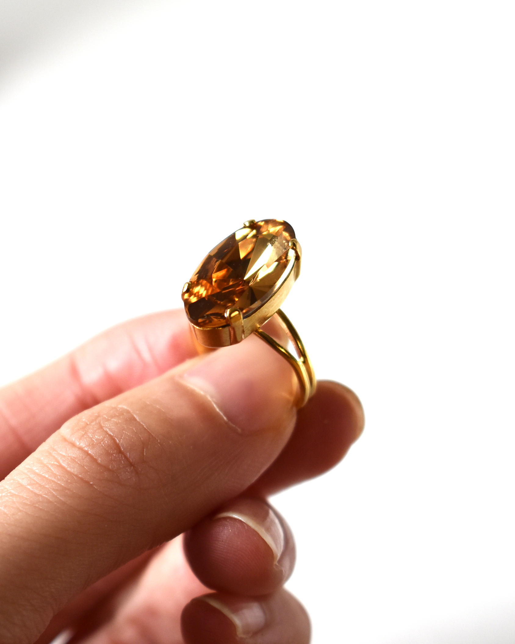 Dark Champagne Elongated Oval Crystal Cocktail Ring