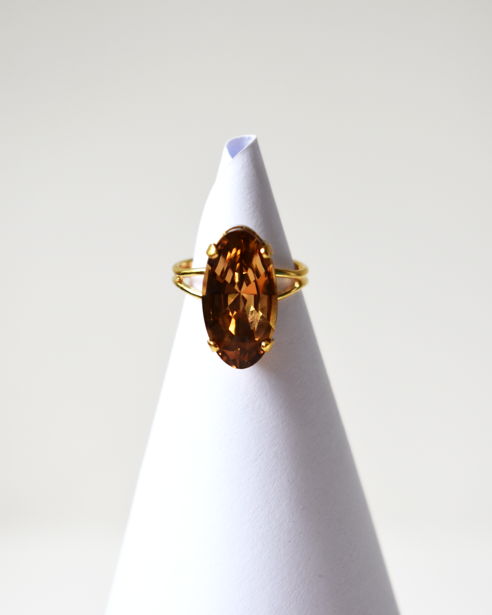 Dark Champagne Elongated Oval Crystal Cocktail Ring