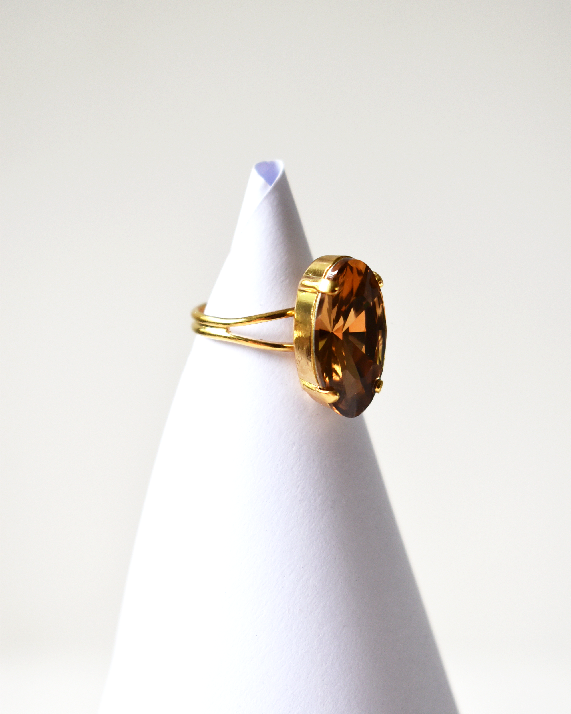 Dark Champagne Elongated Oval Crystal Cocktail Ring