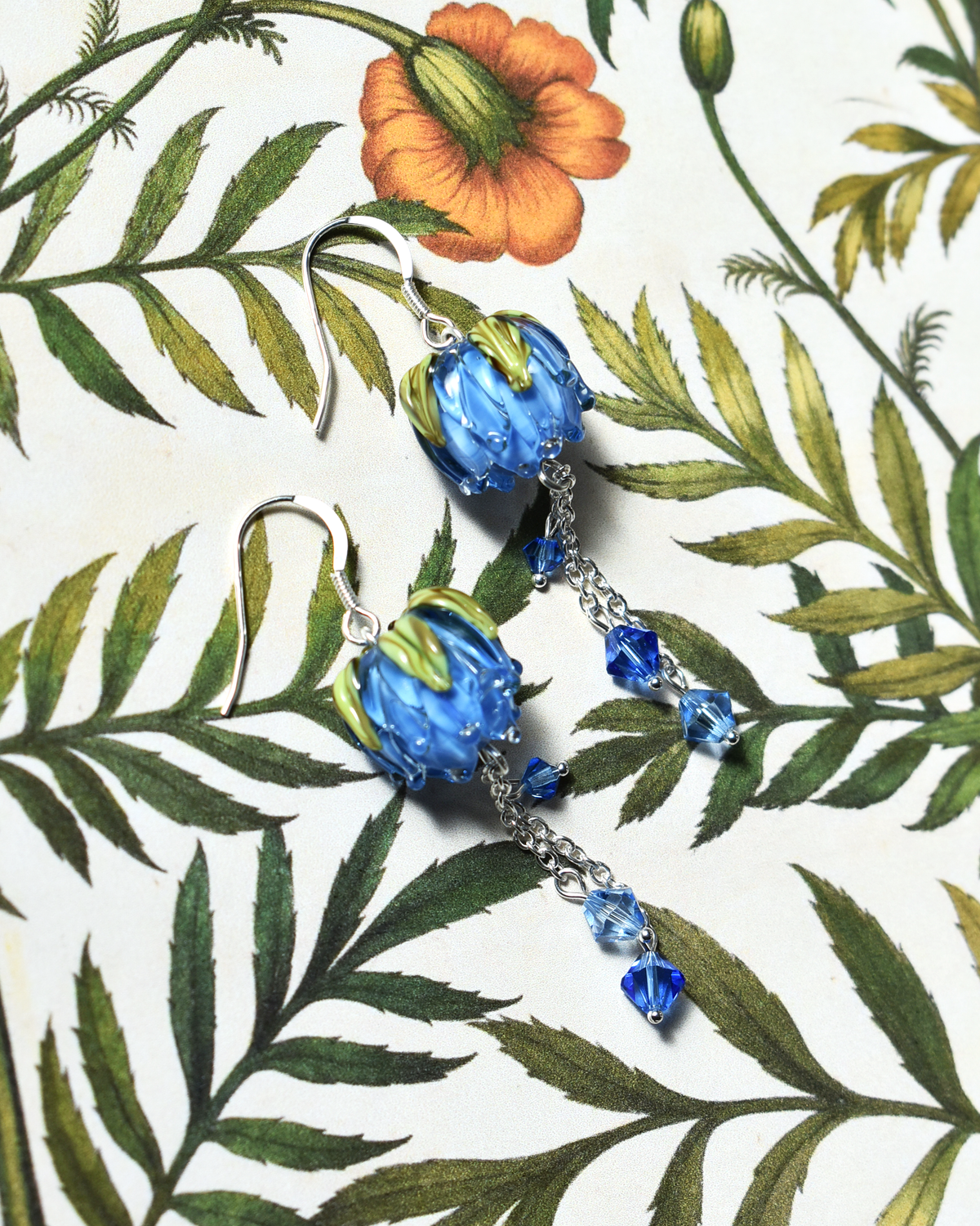 'Cornflower Blues' Flower Bud Crystal Drop Earrings
