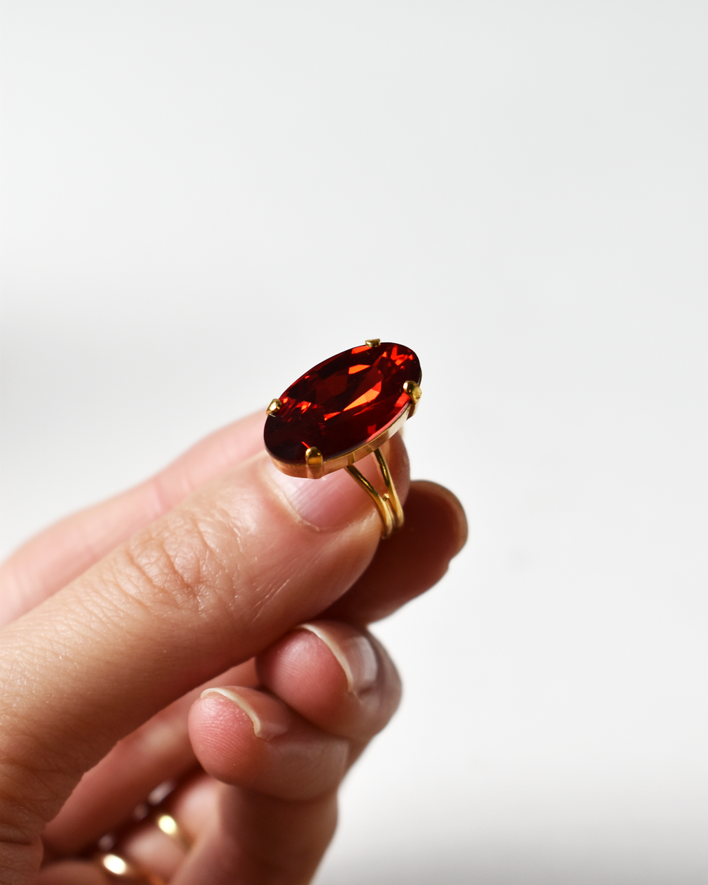 Red Elongated Oval Crystal Cocktail Ring