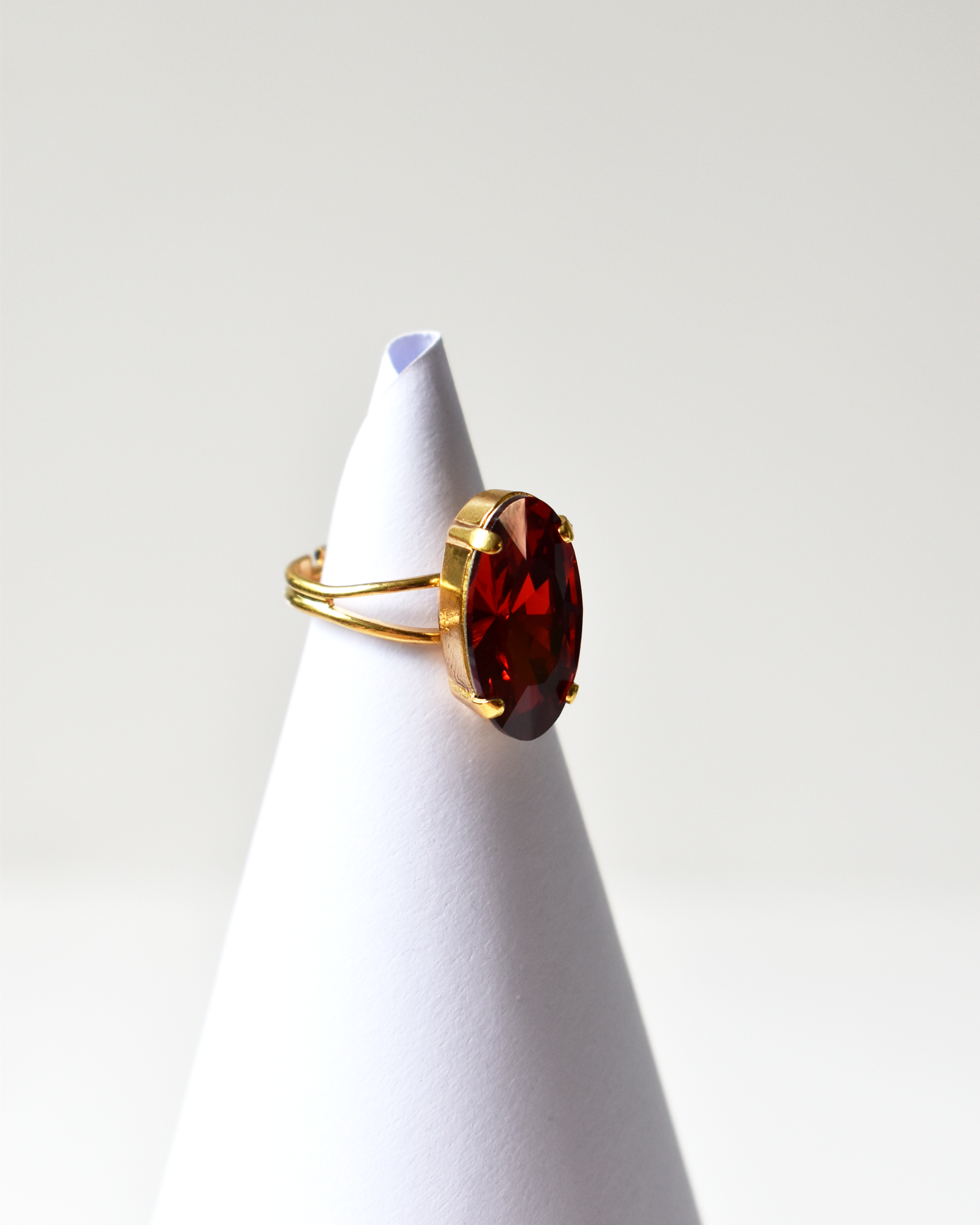 Red Elongated Oval Crystal Cocktail Ring