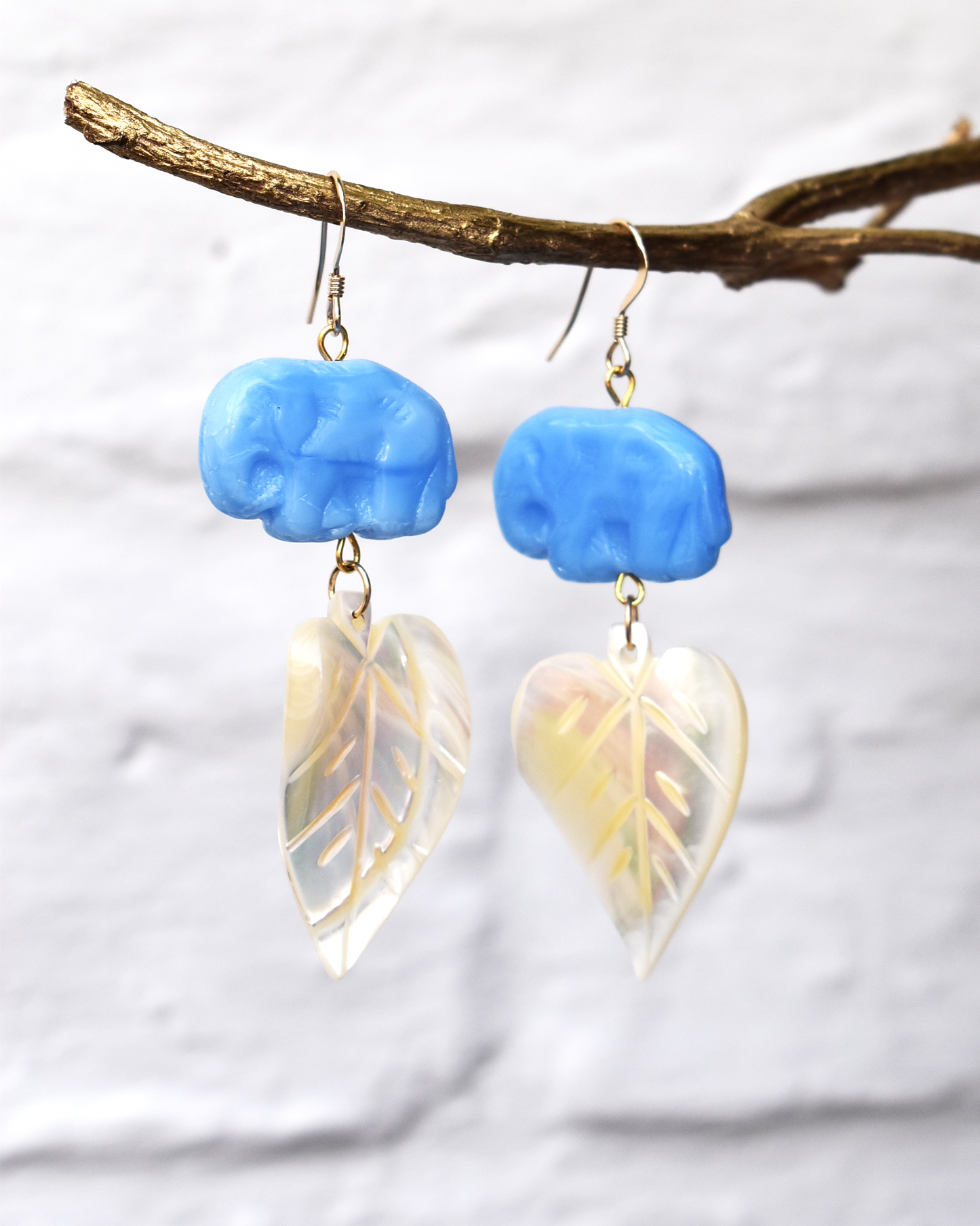Mother of Pearl Blue Elephant Hook Earrings