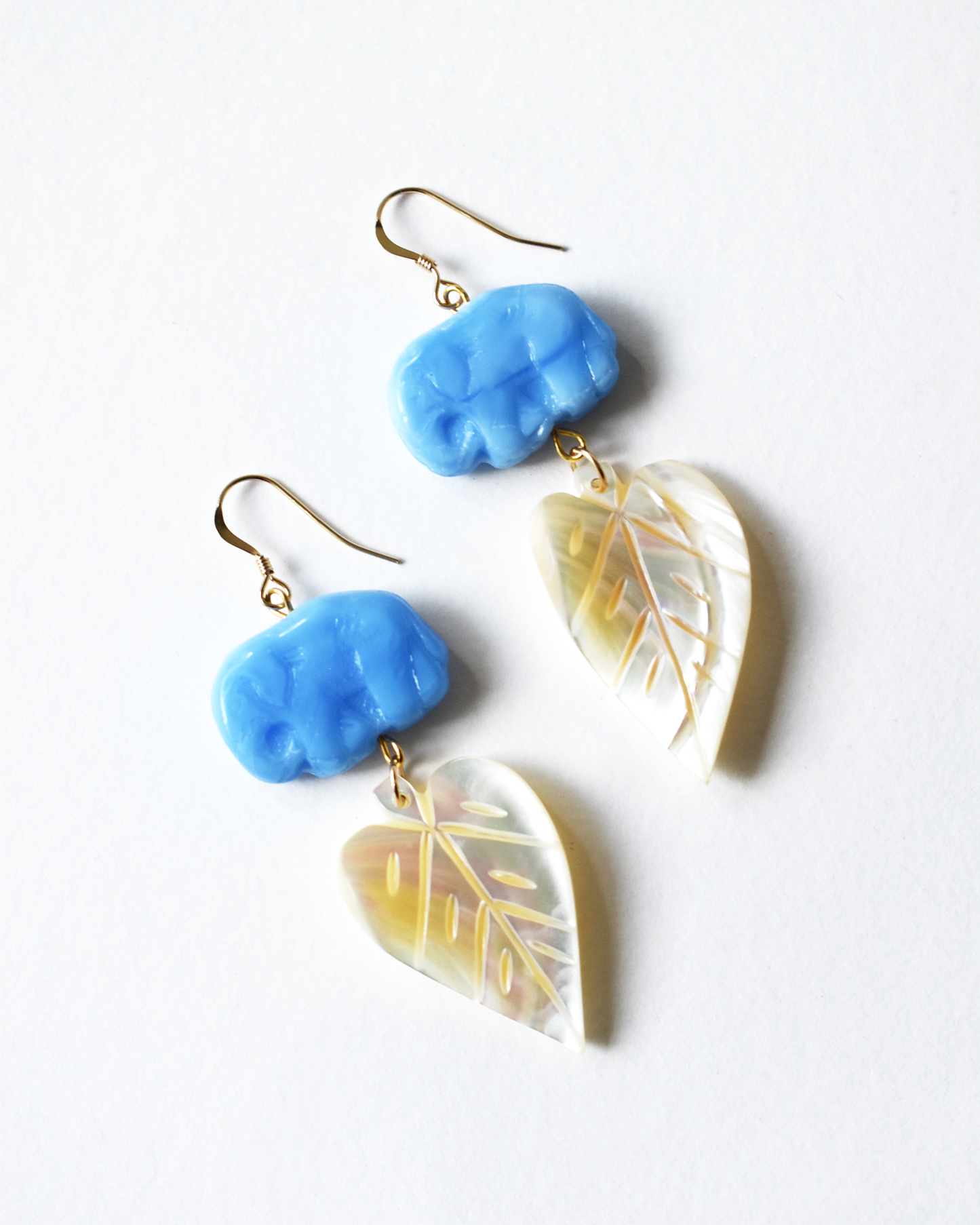 Mother of Pearl Blue Elephant Hook Earrings