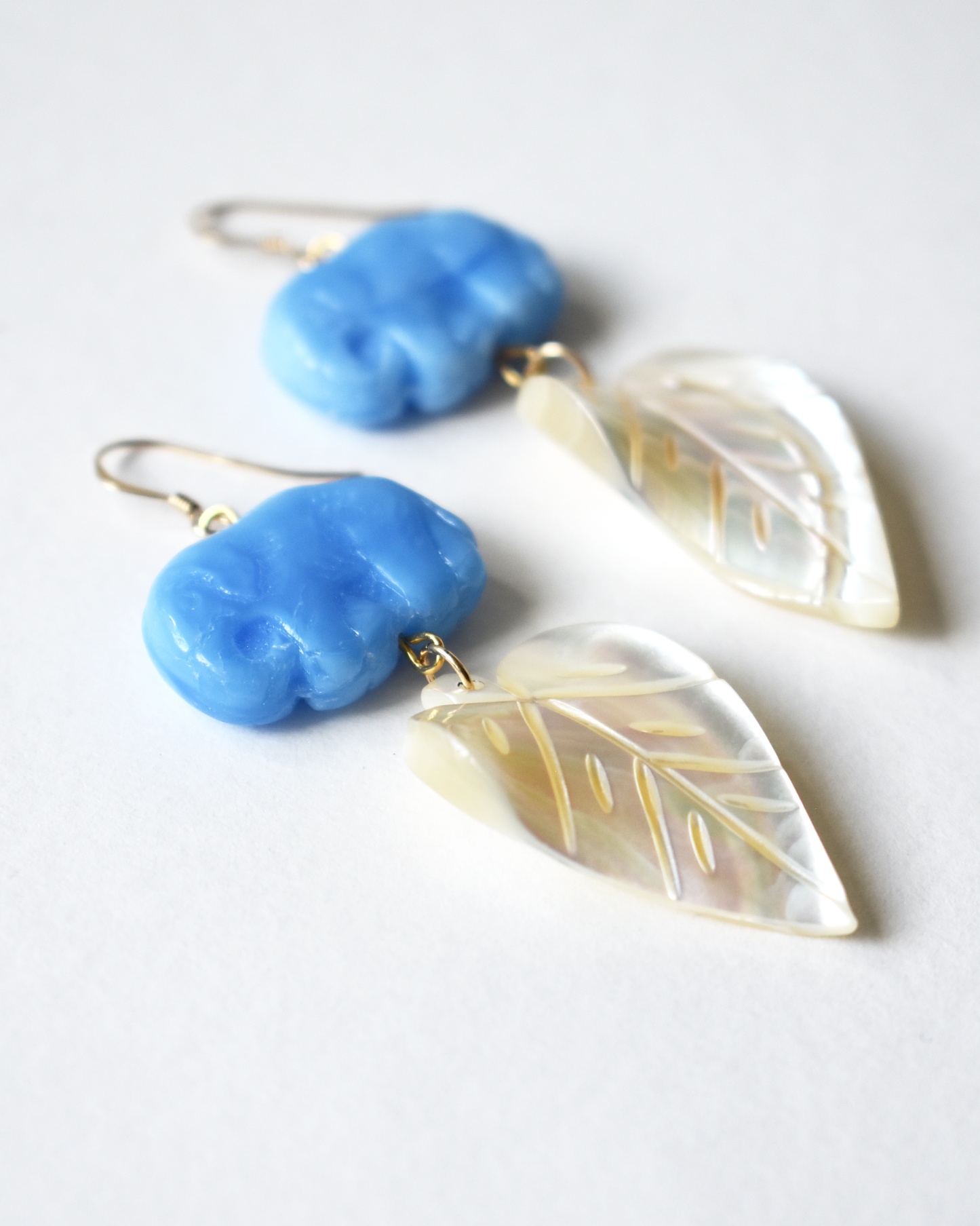 Mother of Pearl Blue Elephant Hook Earrings