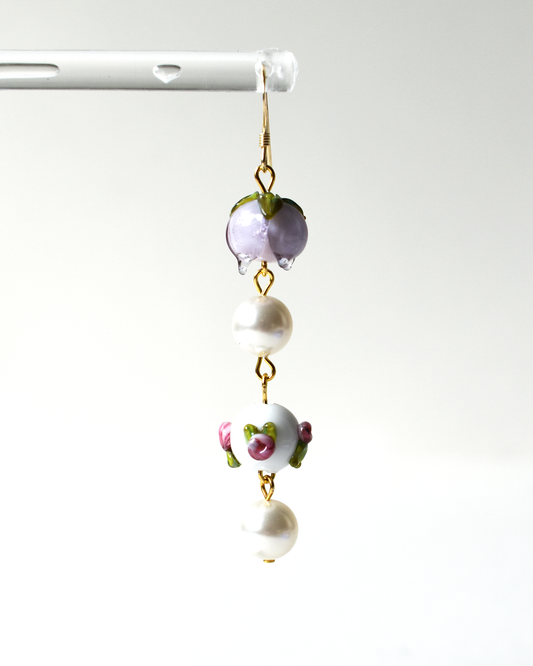 Lilac Rosebud Pearl Drop Earrings