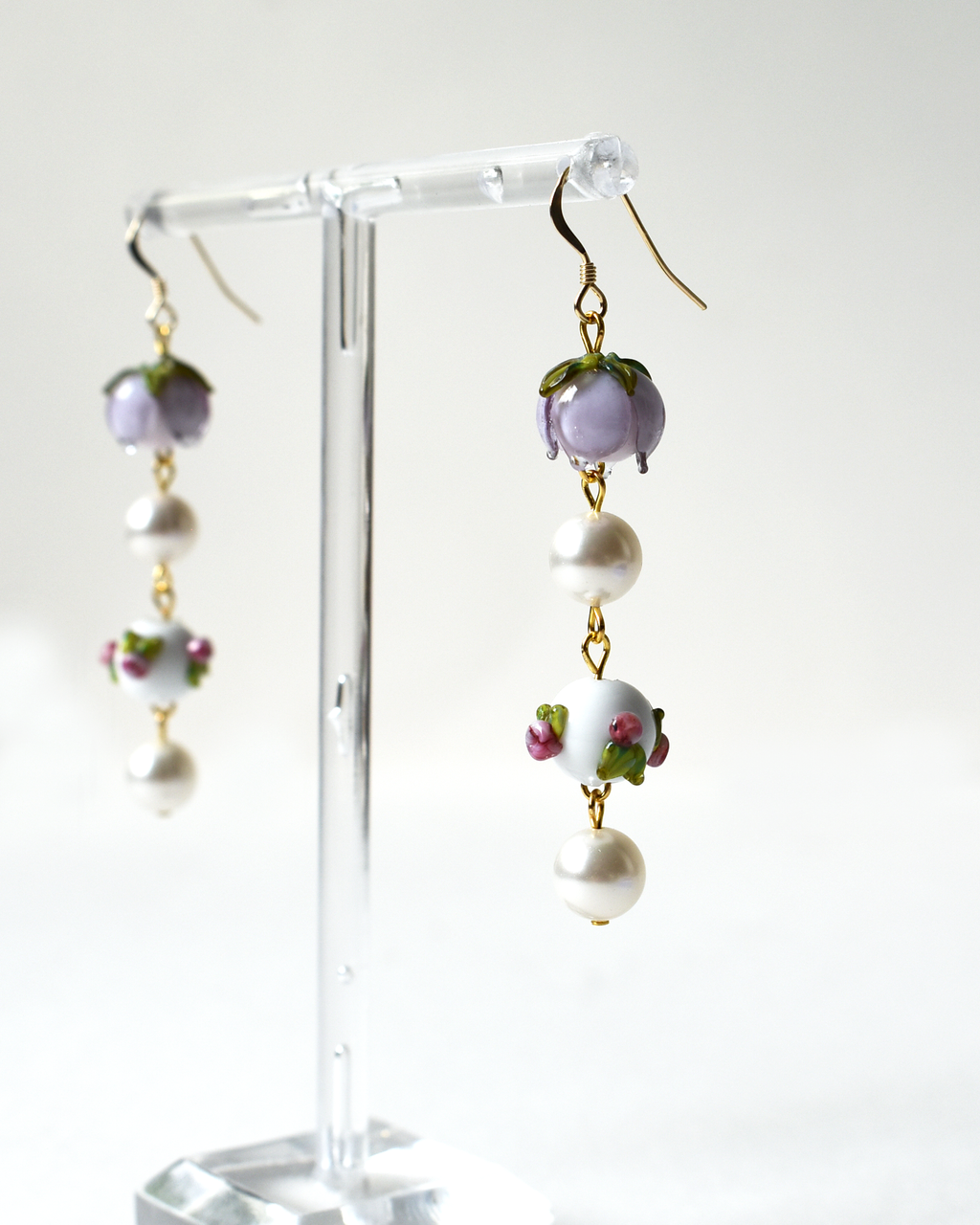 Lilac Rosebud Pearl Drop Earrings