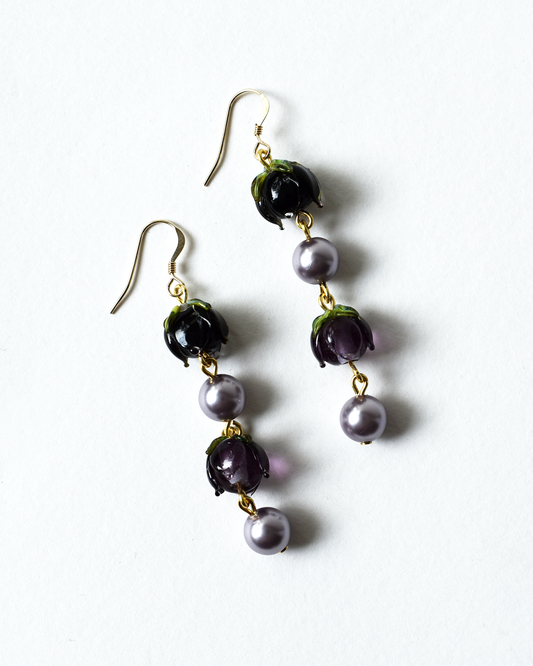 Purple Flower Bud Pearl Drop Earrings