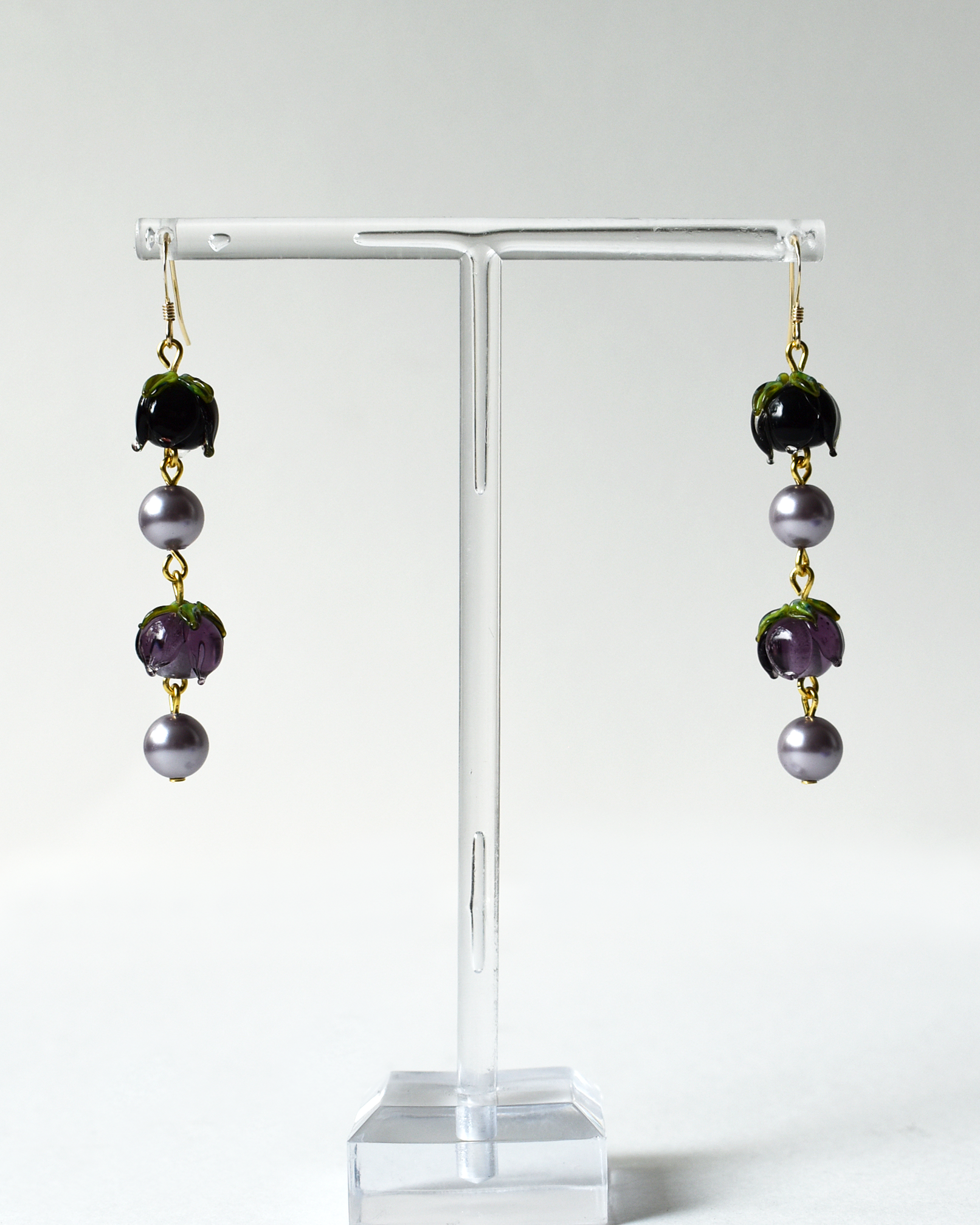 Purple Flower Bud Pearl Drop Earrings