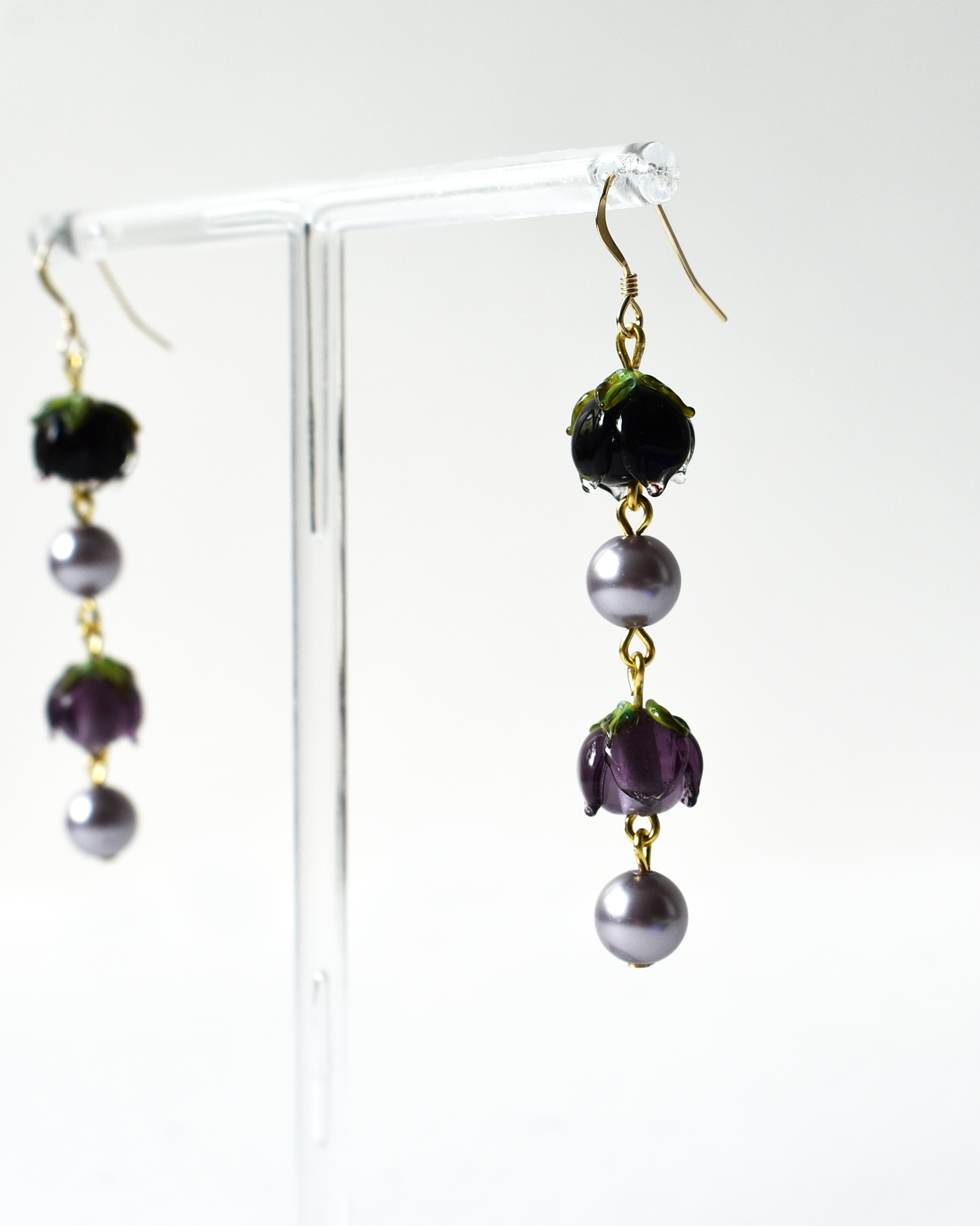 Purple Flower Bud Pearl Drop Earrings