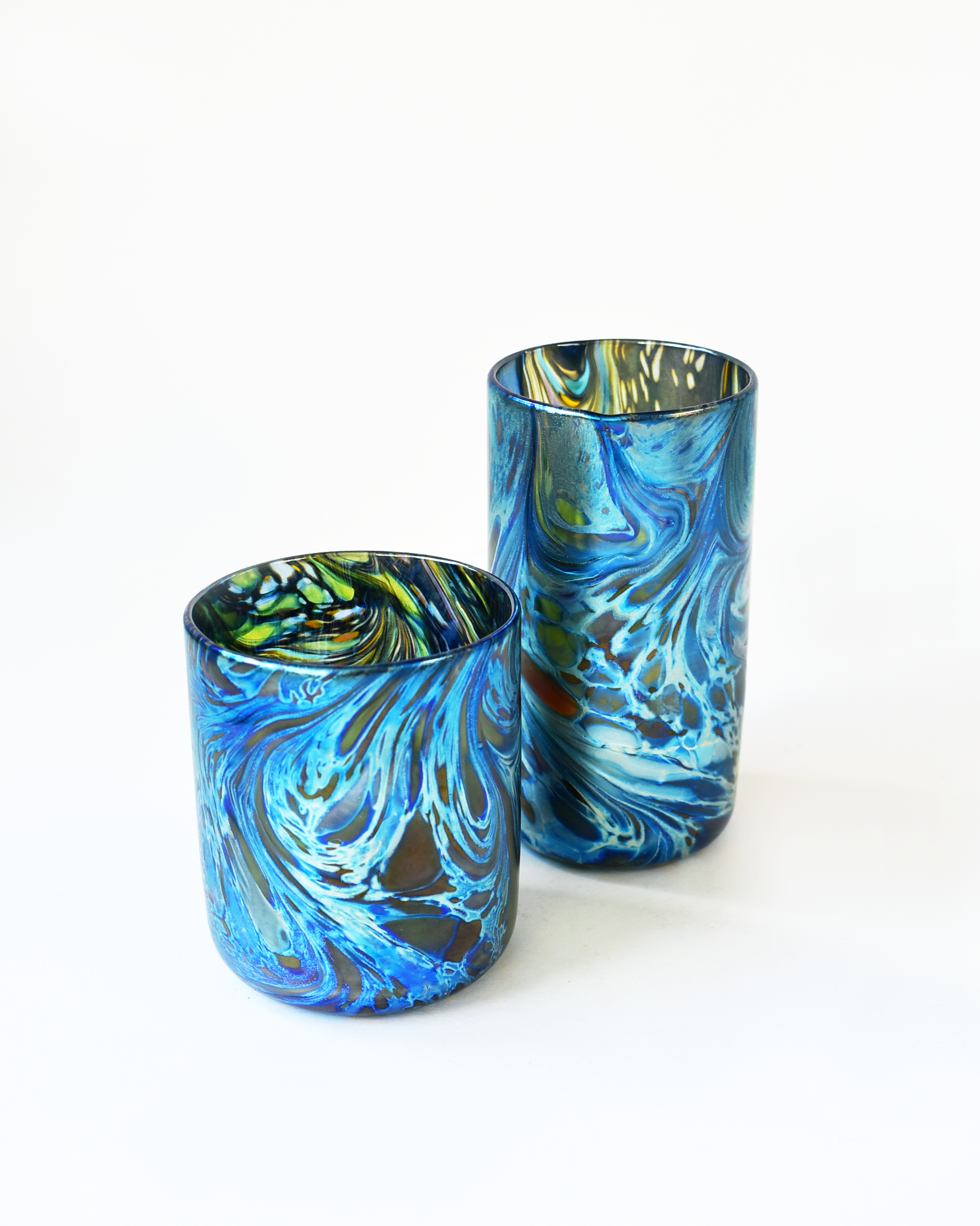 Blue Iridescent Swirl Blown Glass Highball Tumbler