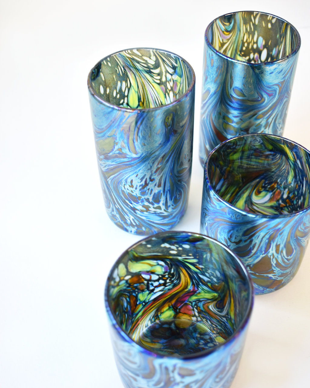 Blue Iridescent Swirl Blown Glass Highball Tumbler