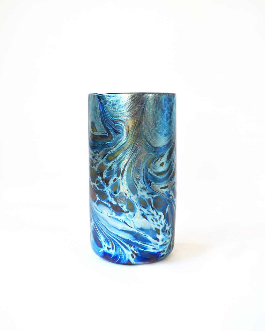 Blue Iridescent Swirl Blown Glass Highball Tumbler
