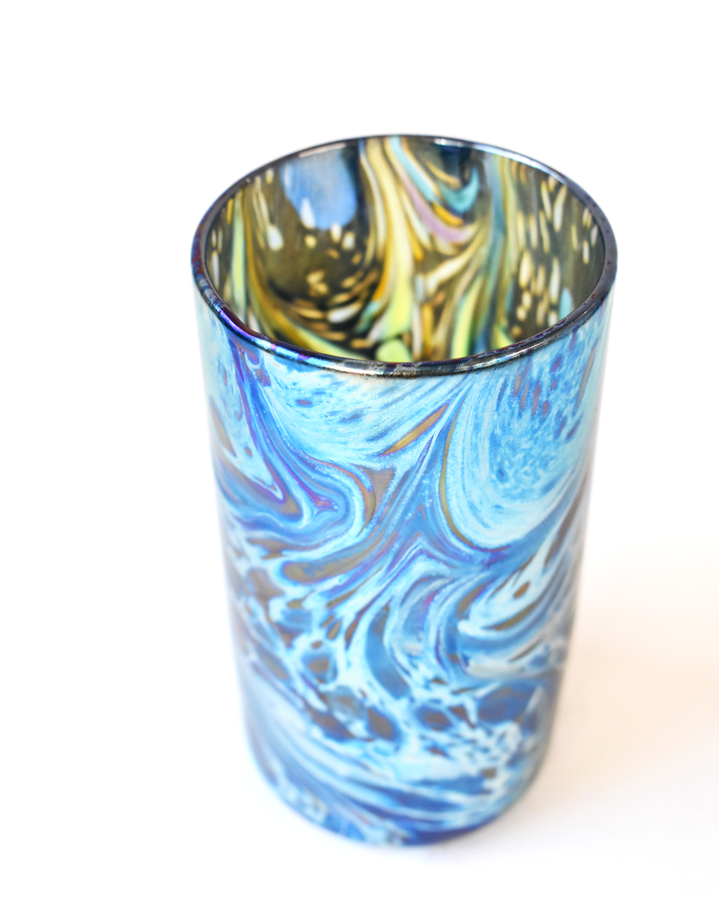 Blue Iridescent Swirl Blown Glass Highball Tumbler